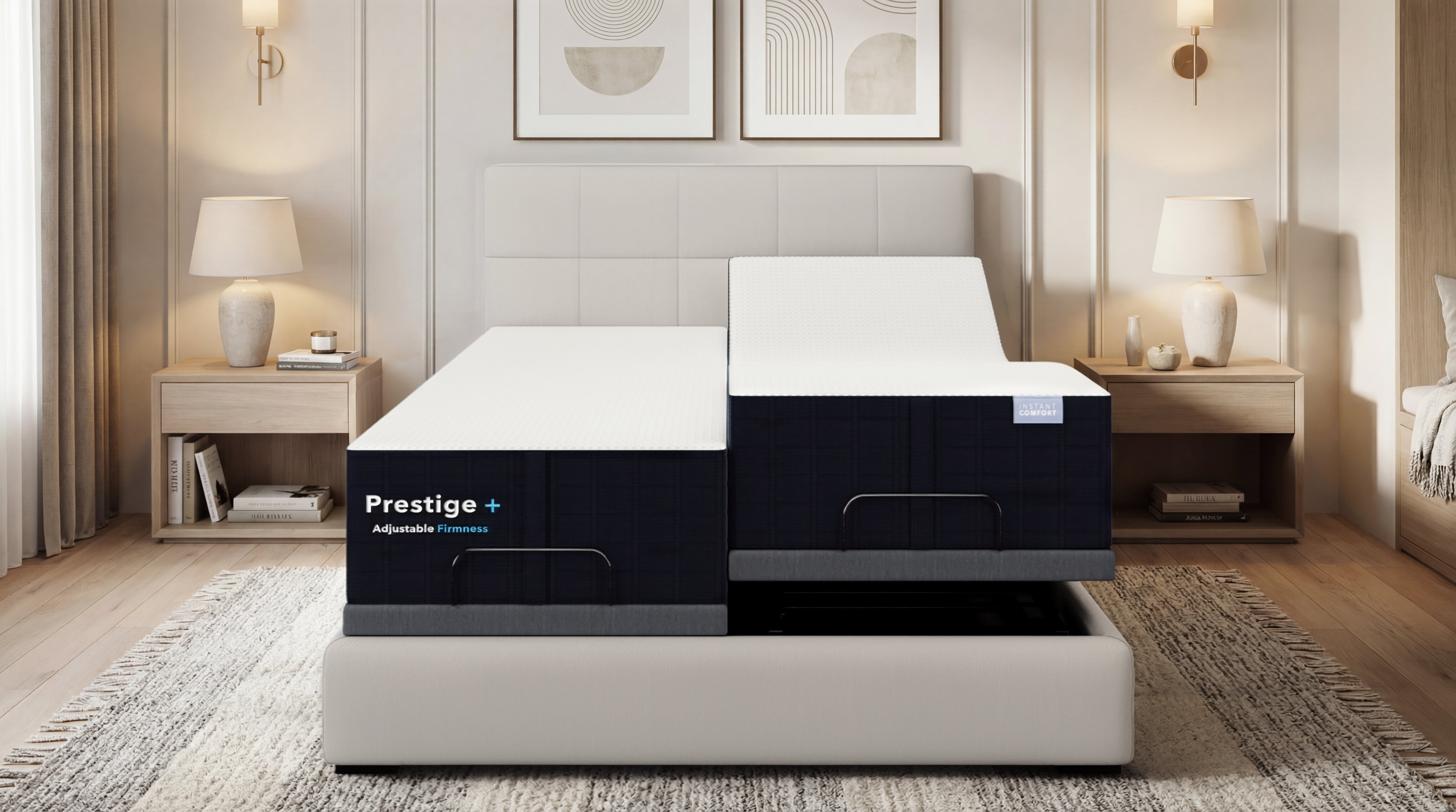 Bed with 'Prestige' branding in a bedroom setting
