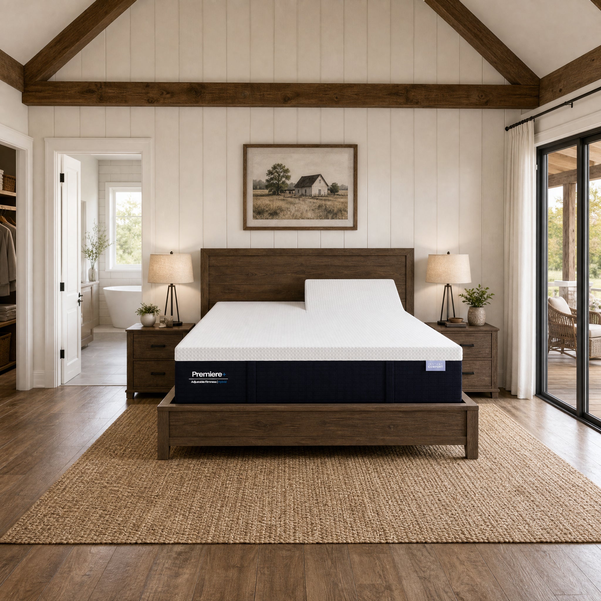 Bed with a mattress on a wooden bed frame in a bedroom setting.