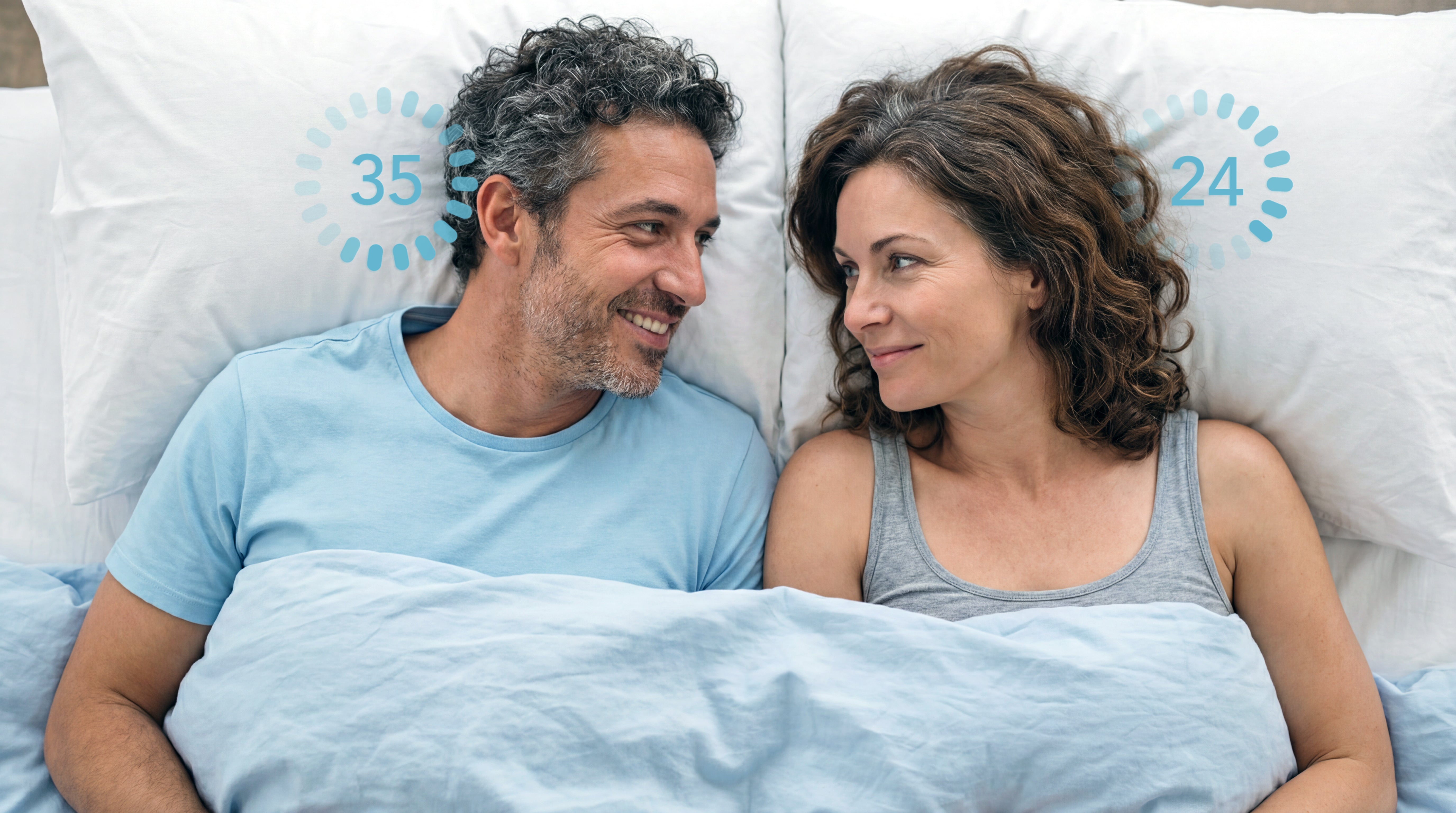 Man and woman lying in bed with temperature display on pillows