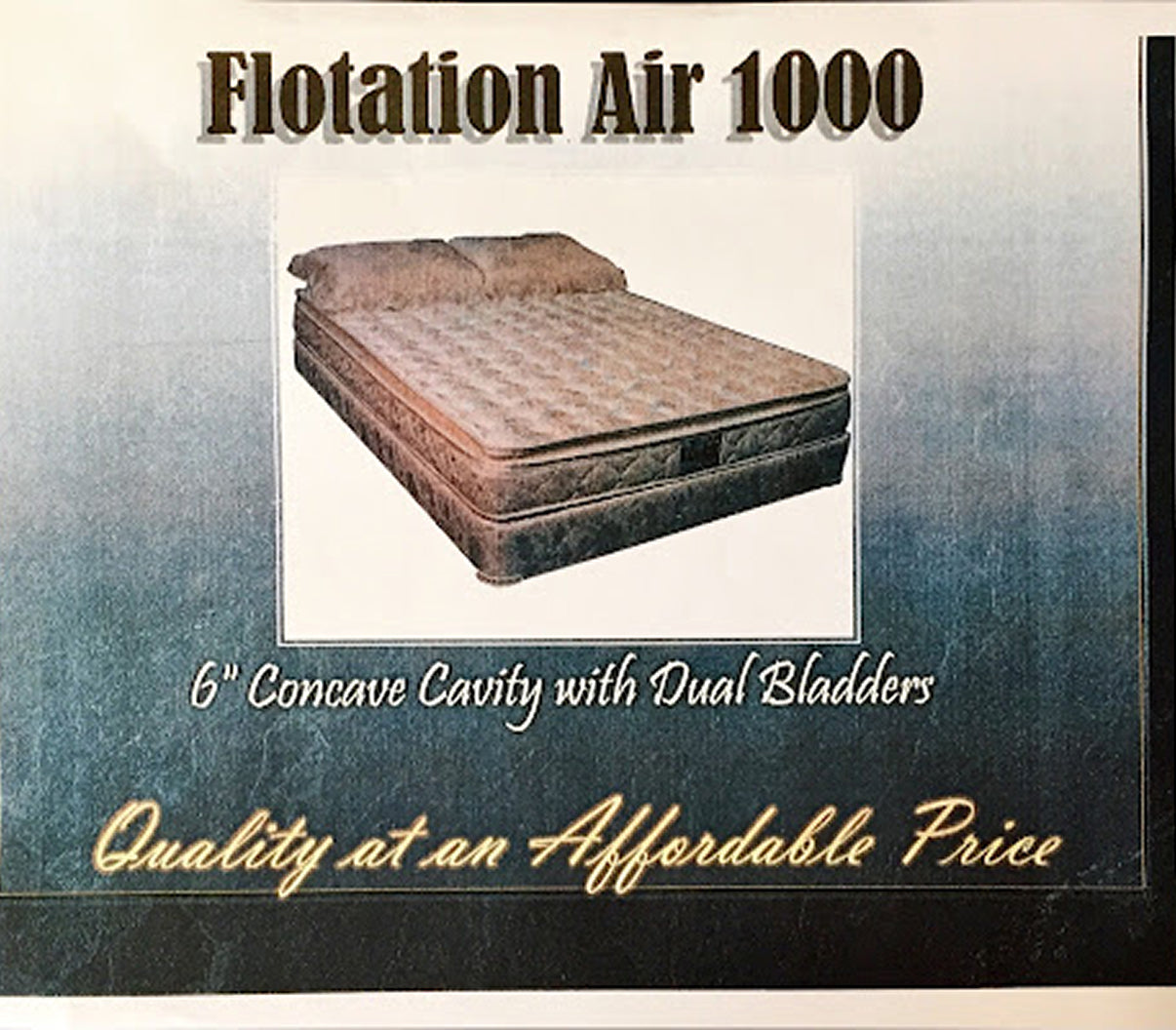 Advertisement for a flotation air mattress with text highlighting features and quality.