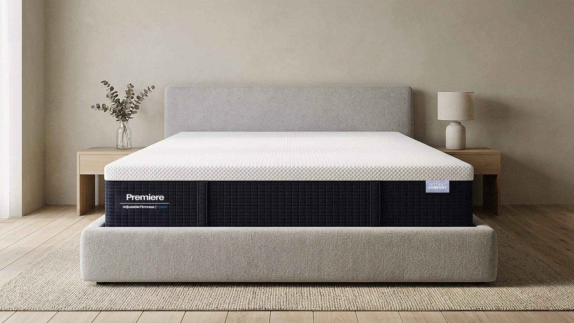 Mattress with 'Premier' branding on a bed frame in a room setting.