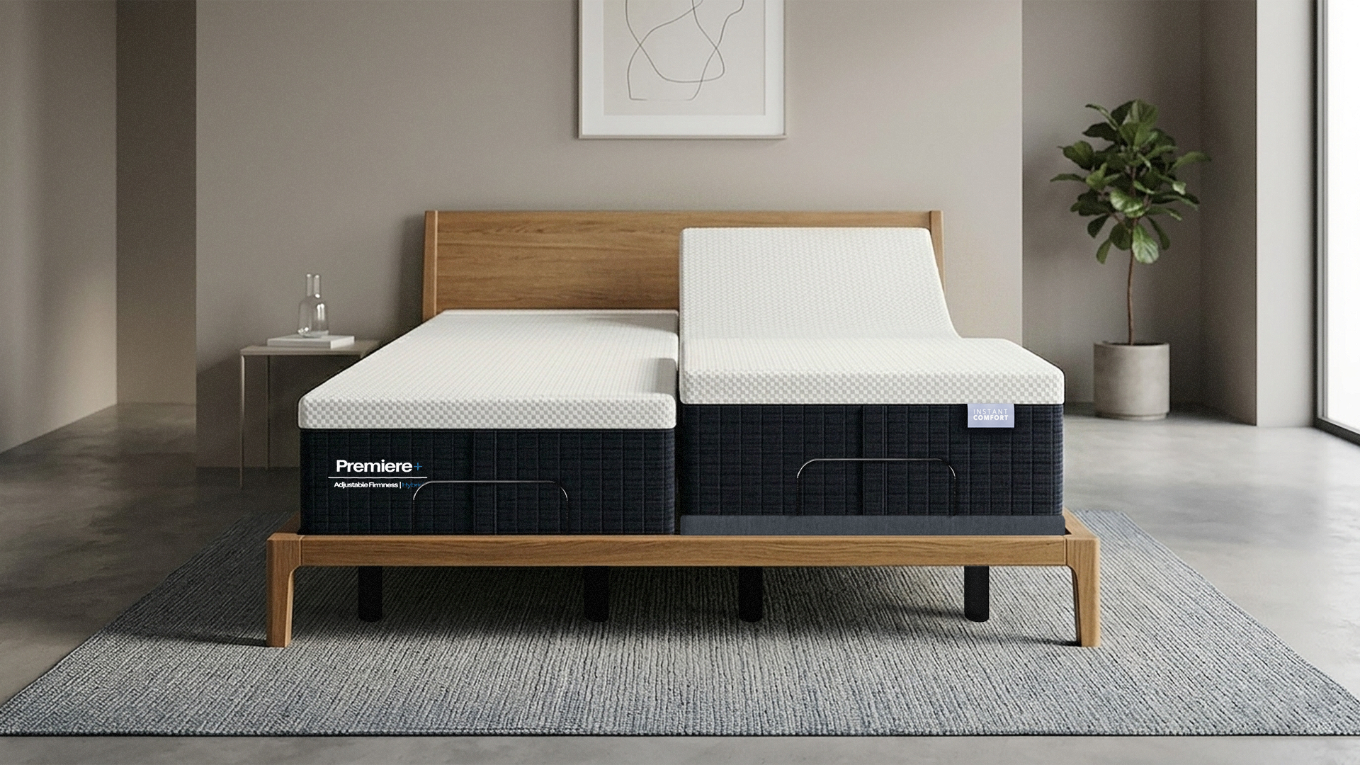 Proximity mattress on a wooden bed frame in a modern bedroom setting.