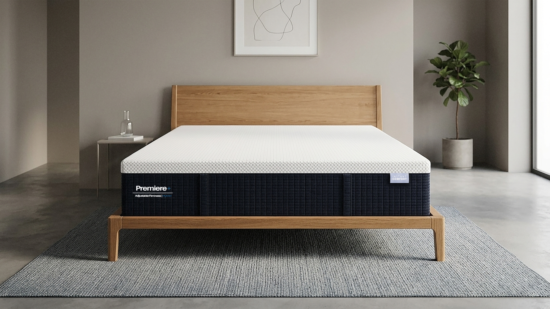 Bed with a mattress on a wooden bed frame in a room setting.