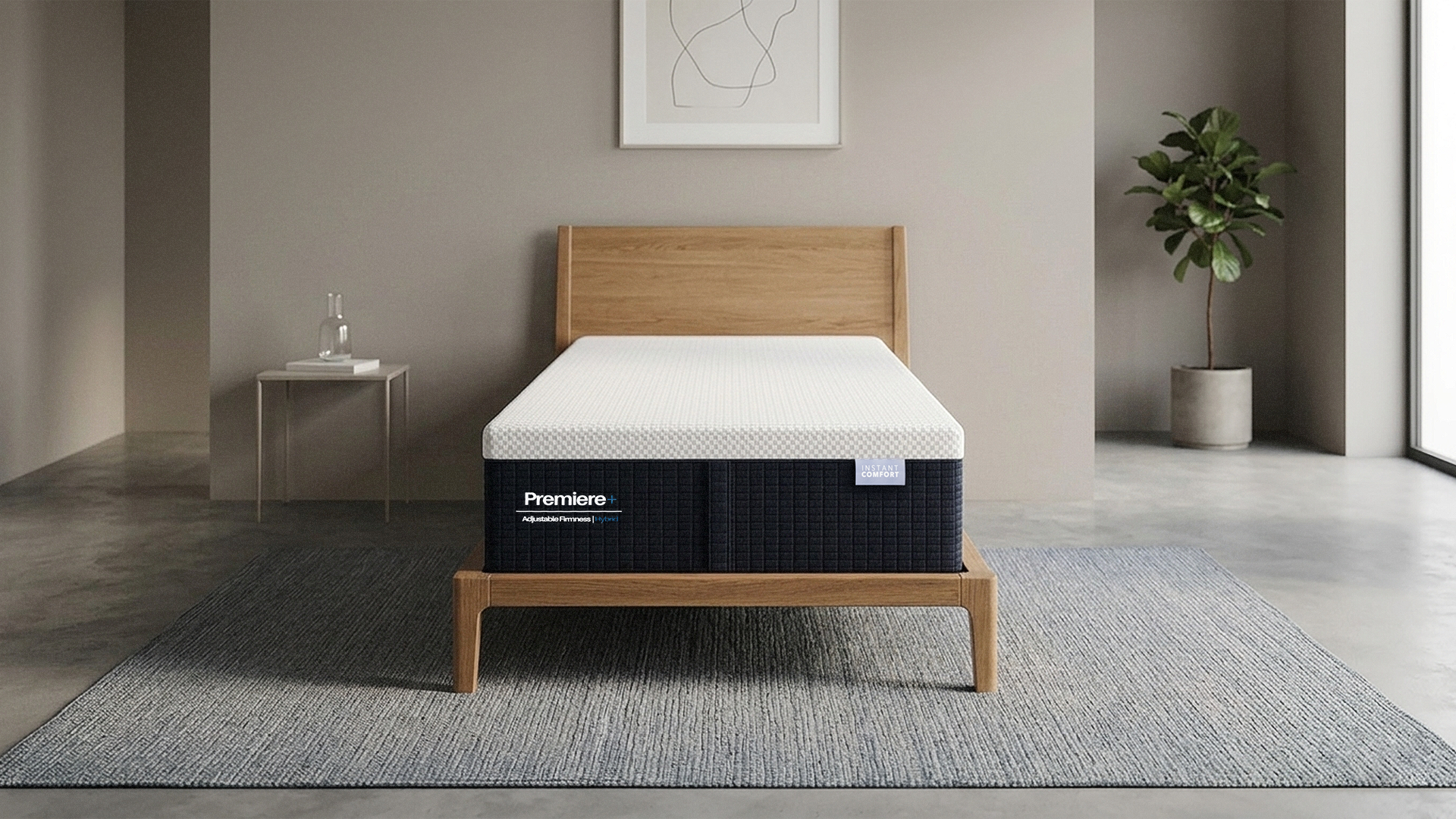 Bed with a mattress on a wooden bed frame in a modern bedroom setting.