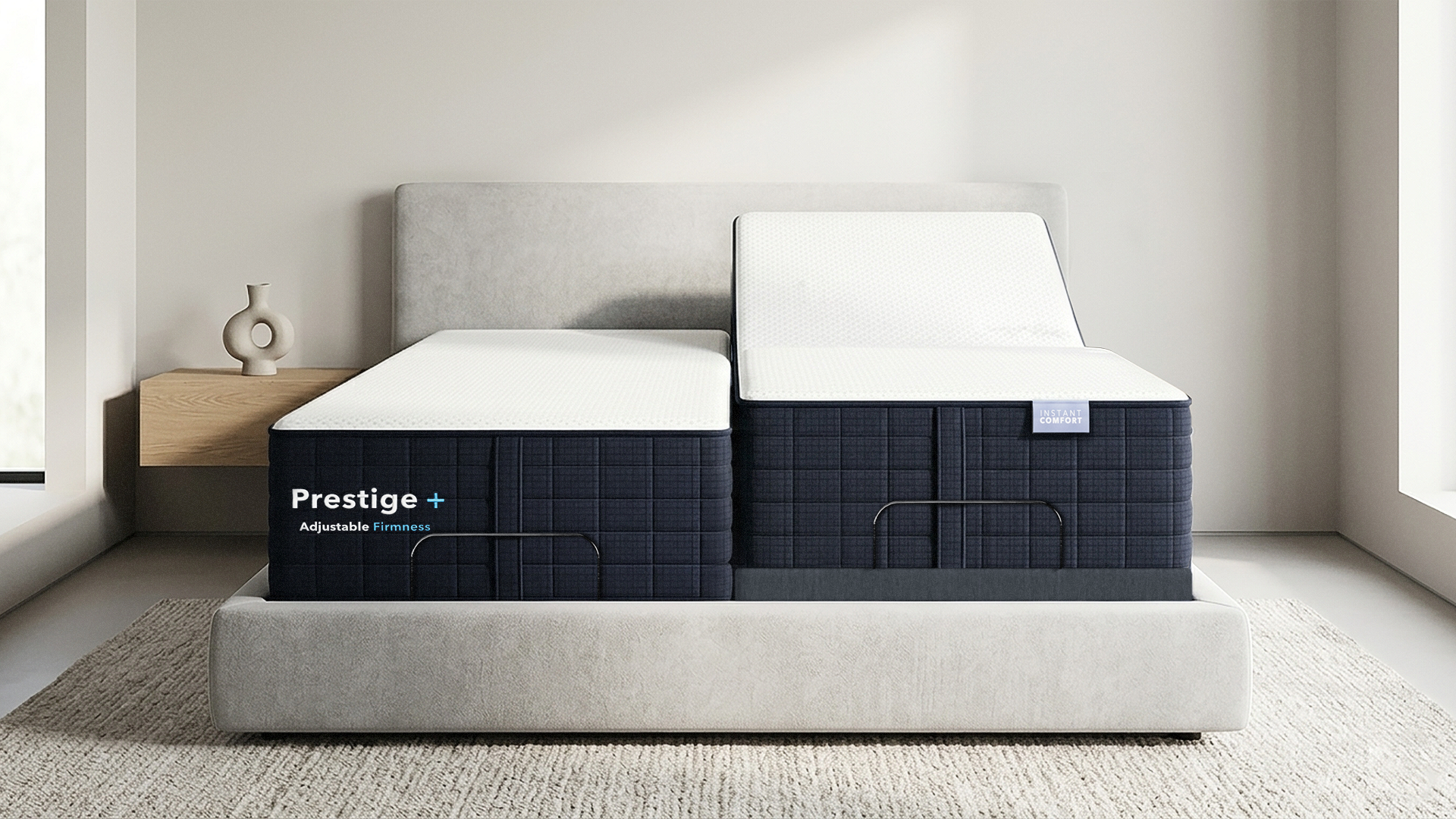 Prestige mattress on a bed frame in a room with light-colored walls and flooring.