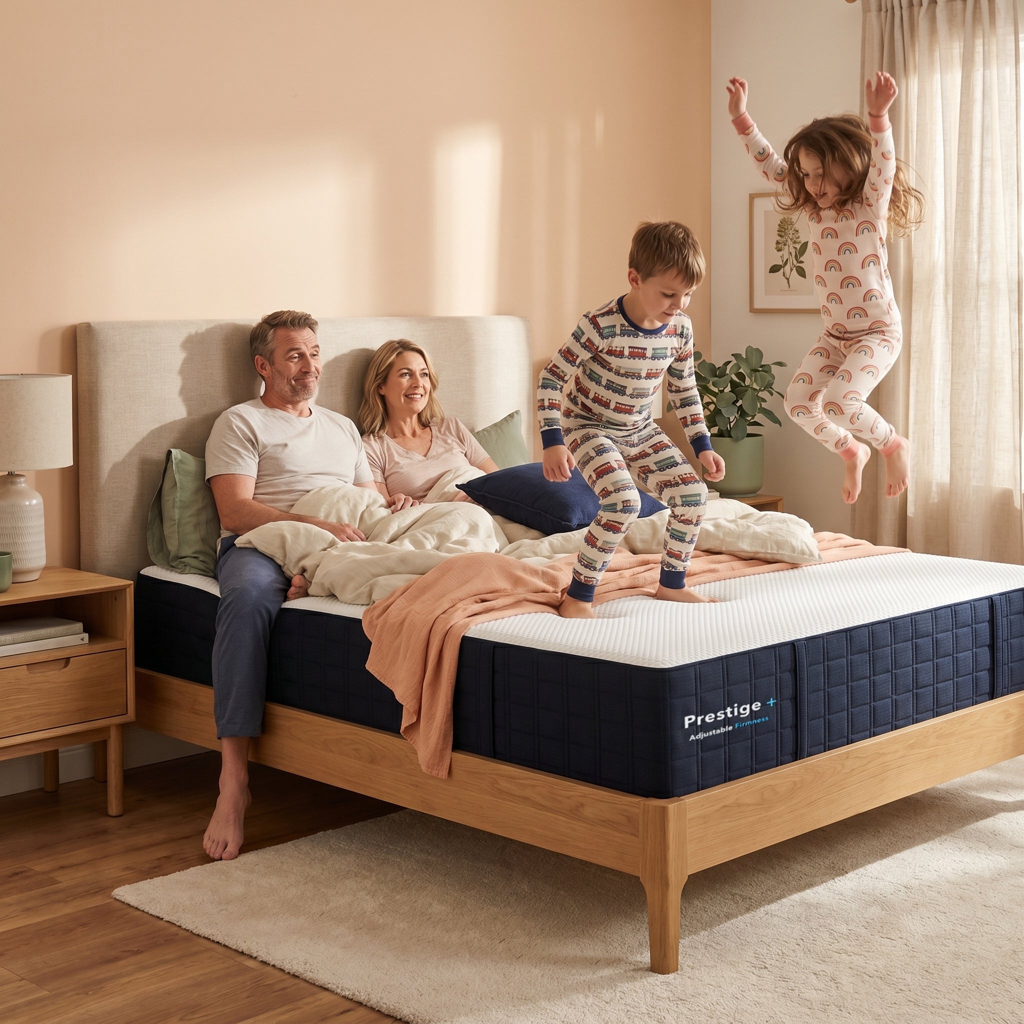 Family with children on a bed featuring a Prestige mattress