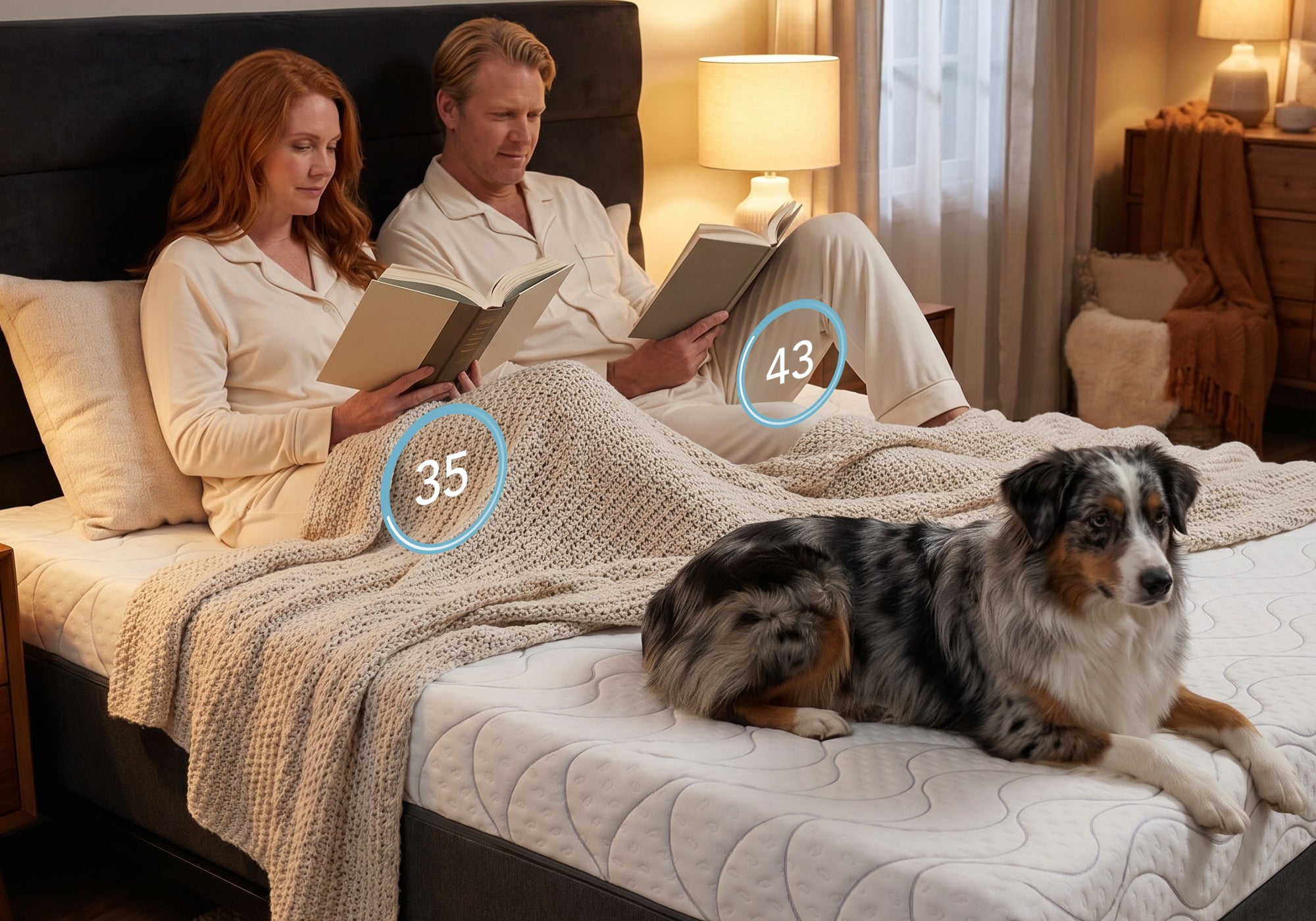 Couple reading books on a bed with a dog lying beside them in a cozy bedroom setting.
