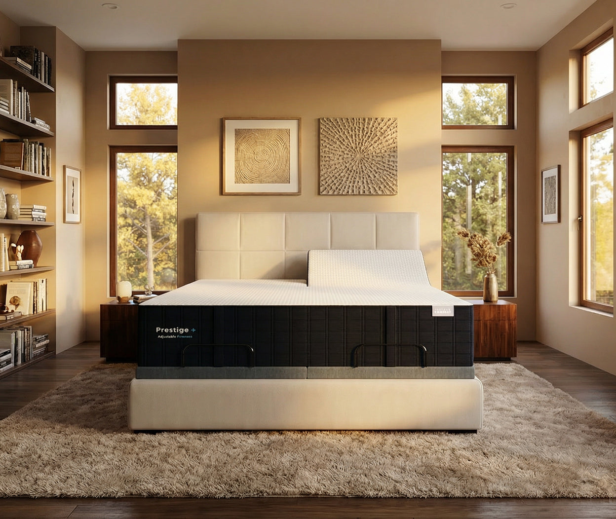 Bedroom with a Prestige bed in a well-lit room with large windows.