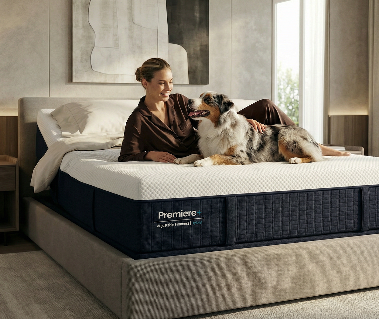 Woman and dog on a Premier mattress in a bedroom setting