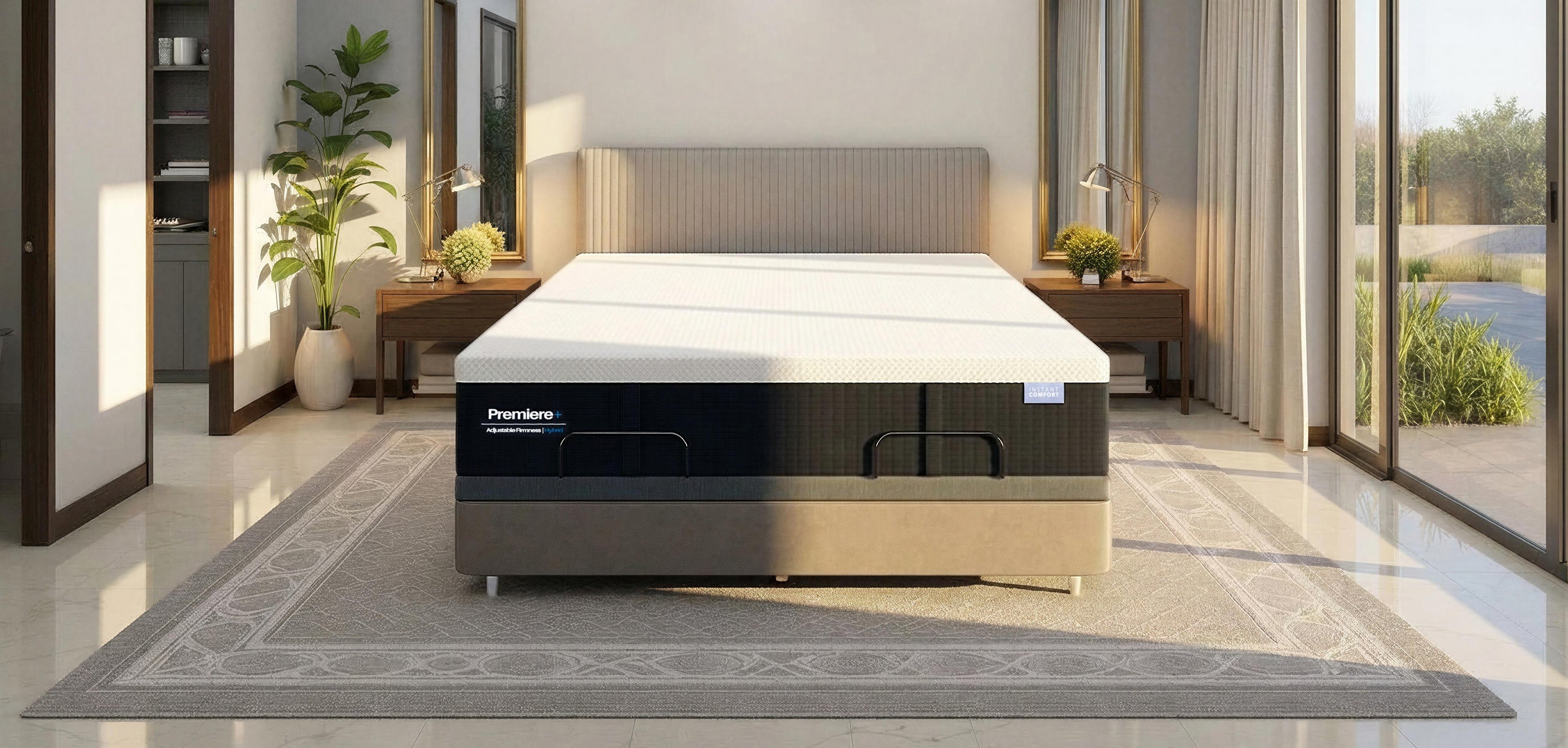 Bed with PowerSleep branding in a modern bedroom setting
