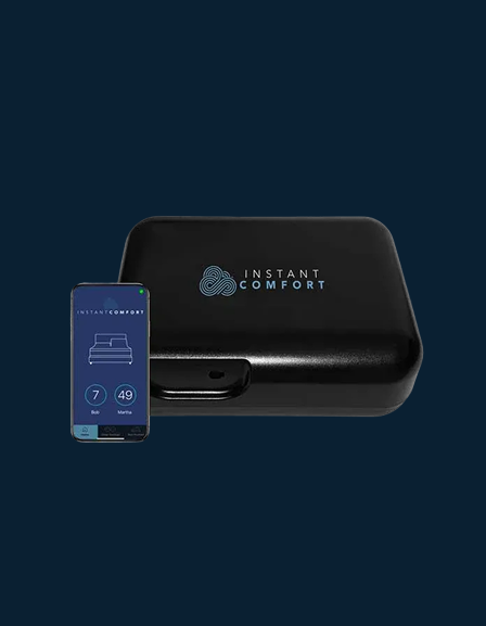 Black Instant Comfort device with smartphone displaying app on a dark blue background