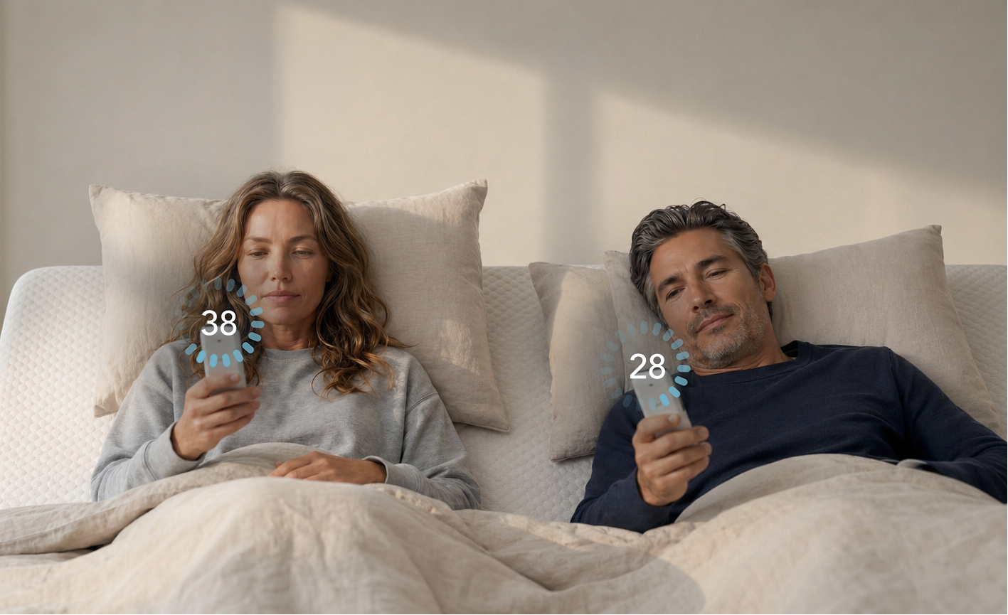 Two people lying in bed using their phones with a blurred focus on the screen.