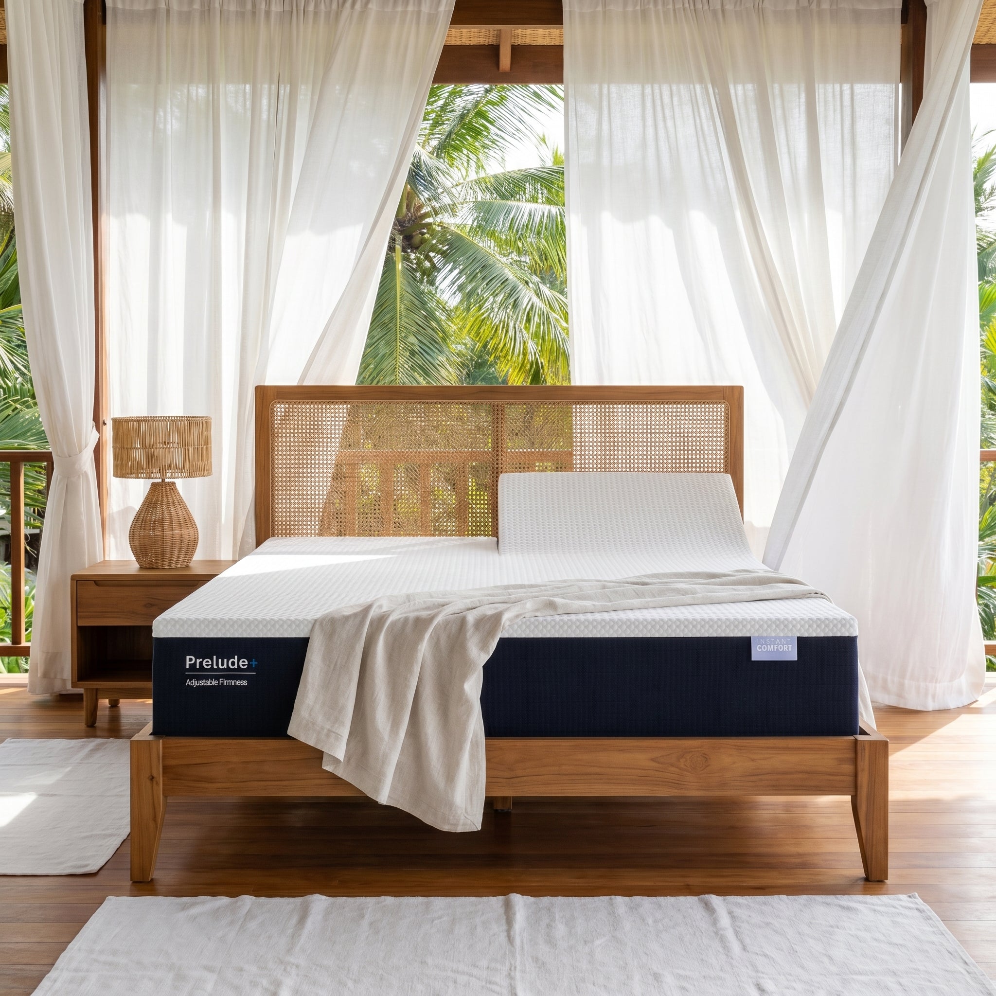 Wooden bed with a mattress labeled 'Prelude' in a bright room with white curtains and greenery outside.