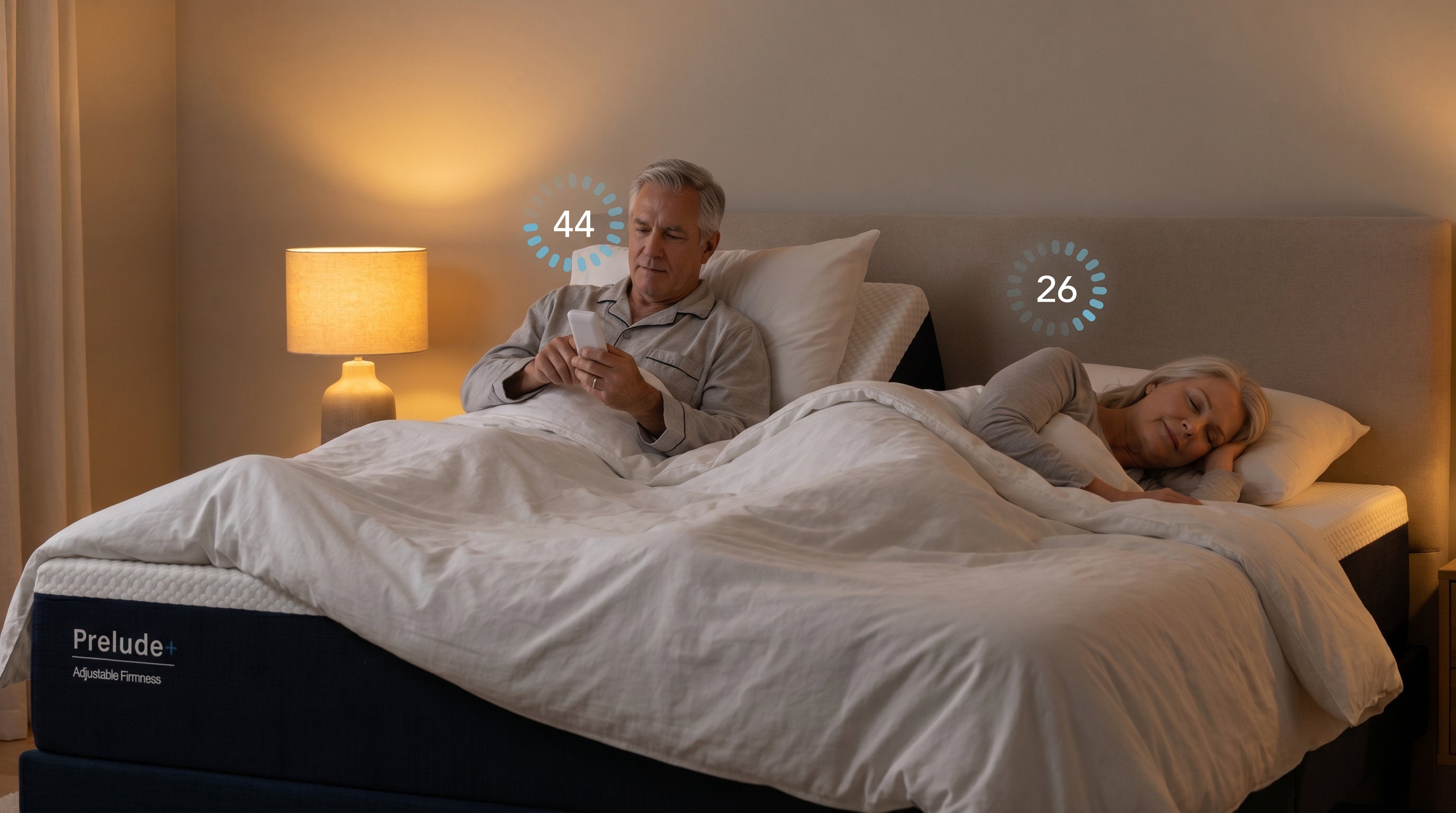 Man and woman lying in bed using a smartphone with digital displays on the mattress.
