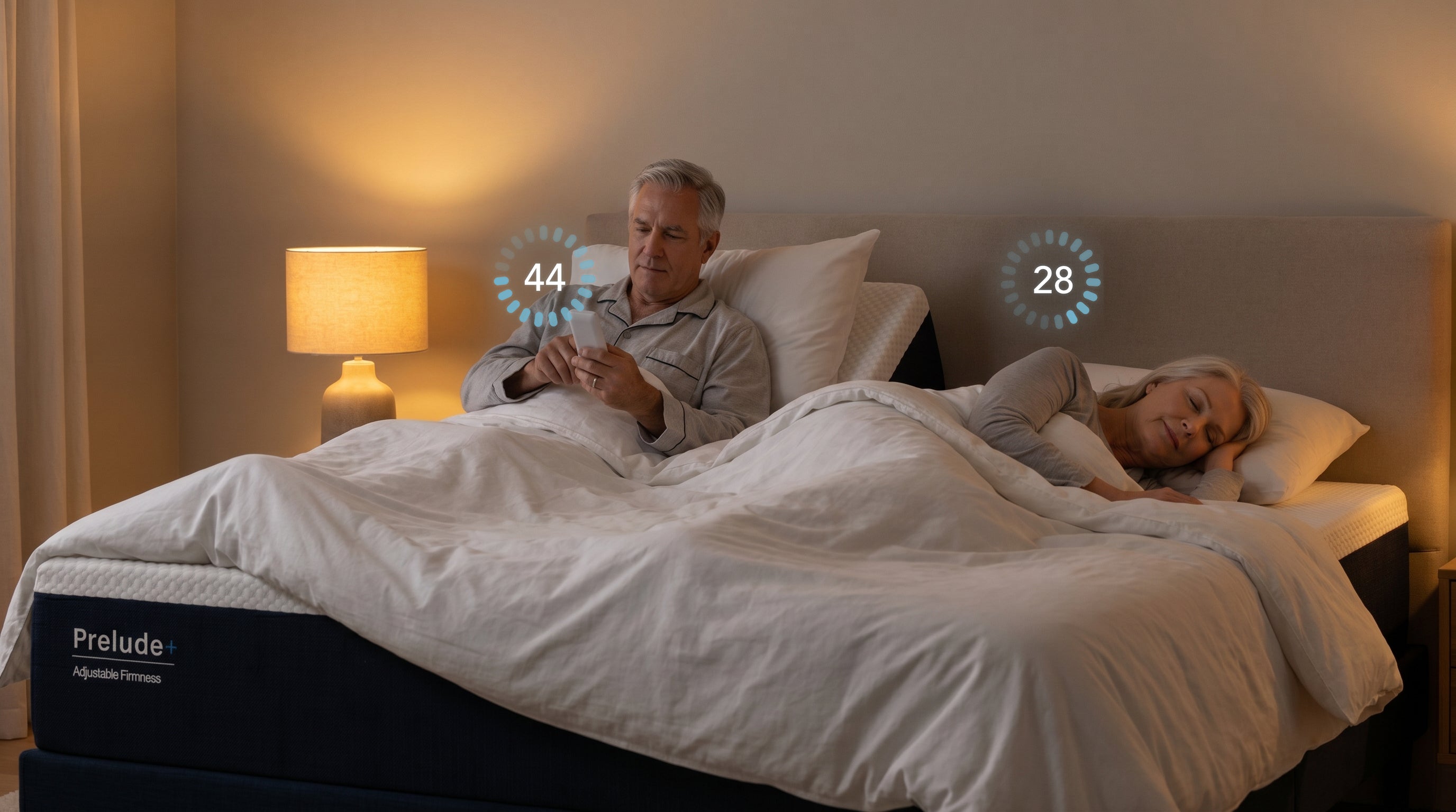 Man and woman lying in bed using smartphones with digital displays, on a mattress labeled 'Prelude'.