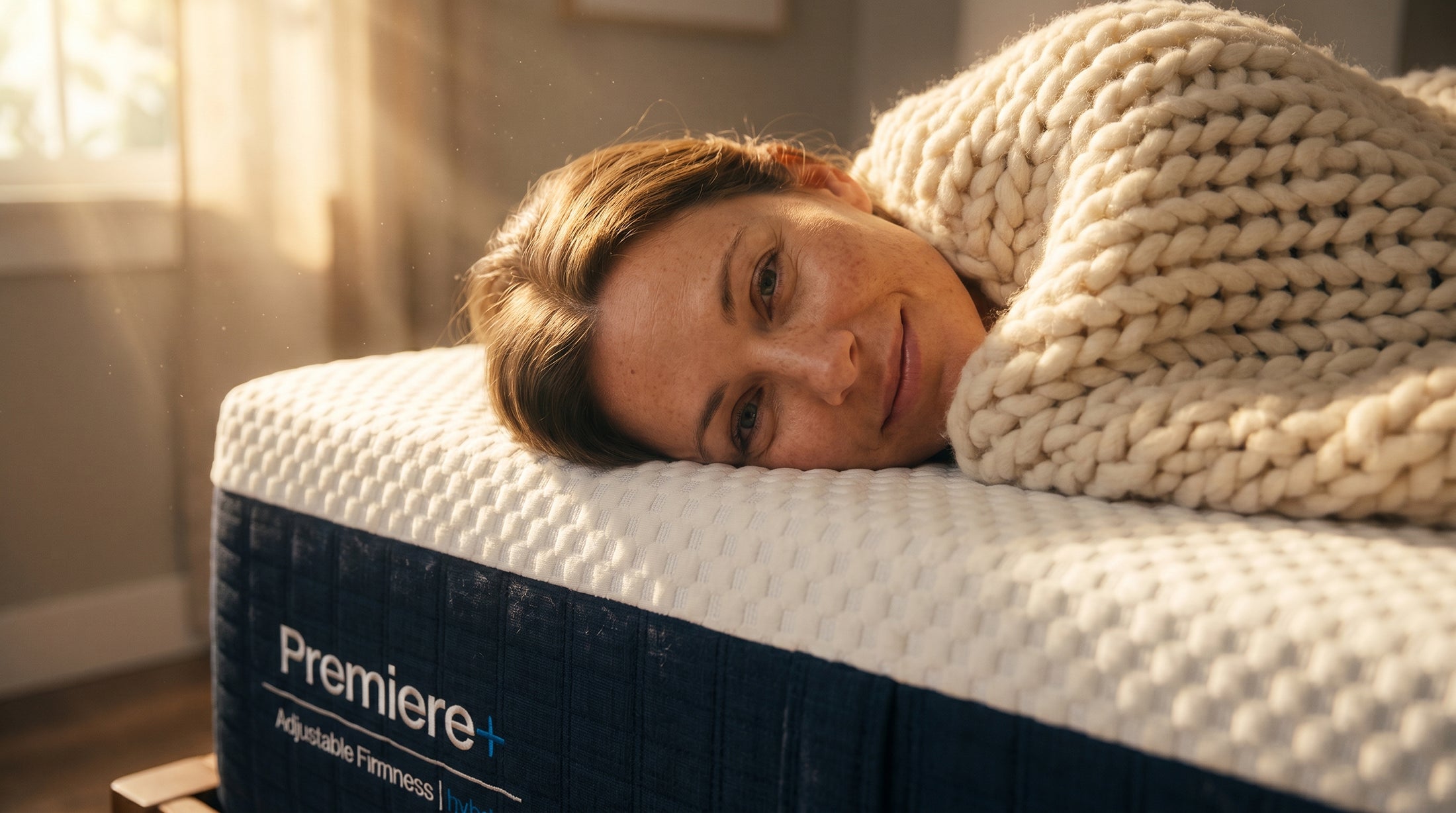 Woman lying on a mattress with 'Premiere+' branding, wrapped in a blanket.
