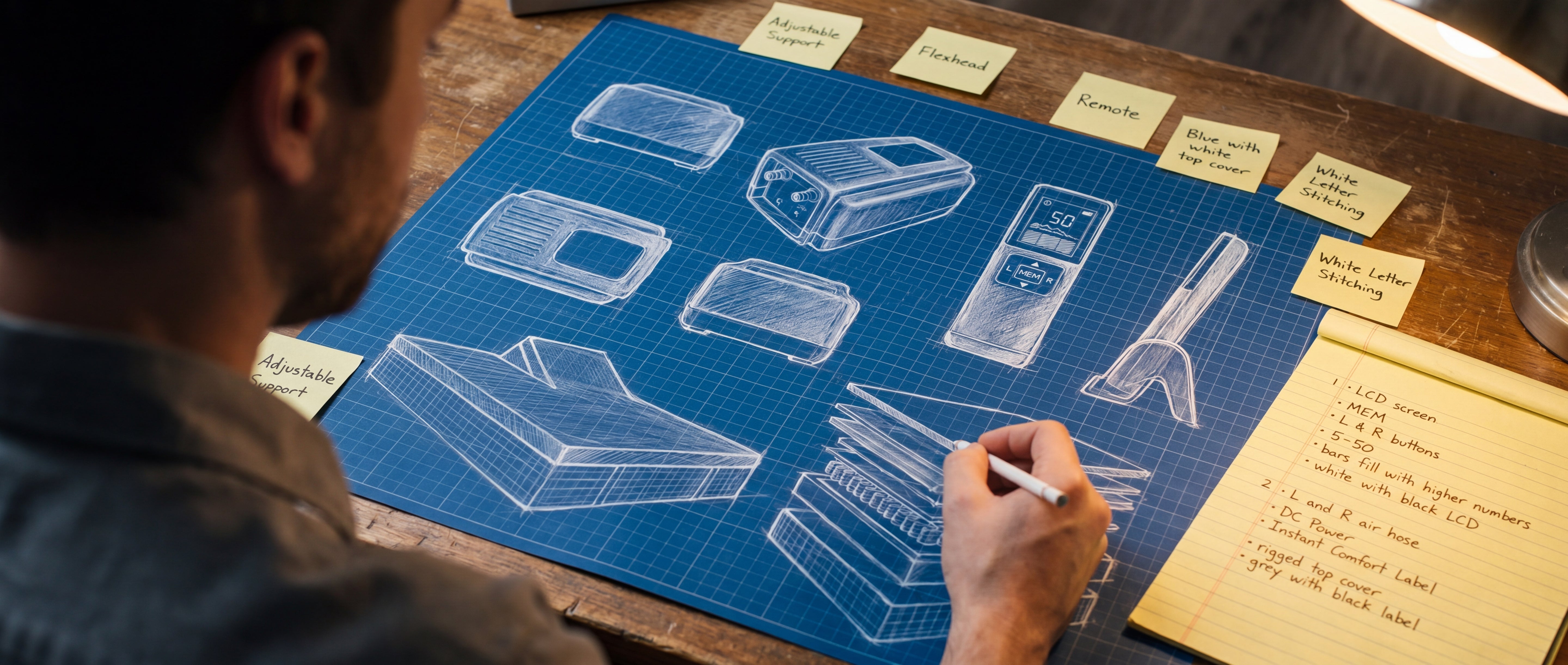 Person working on blueprints and sketches of electronic devices on a table.