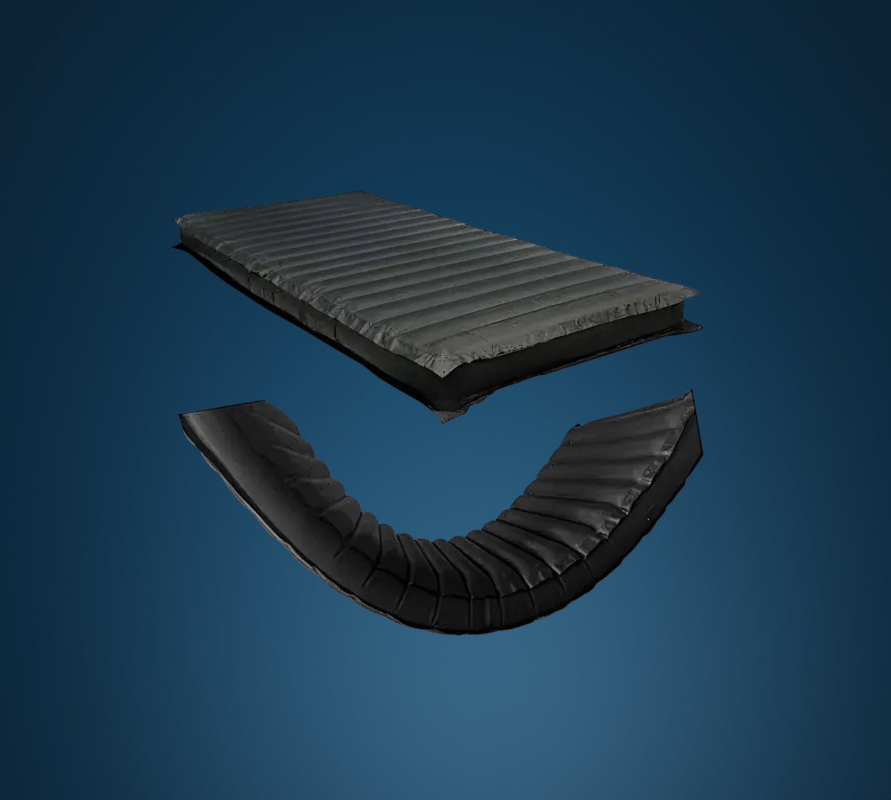 Two black inflatable mattresses on a blue background