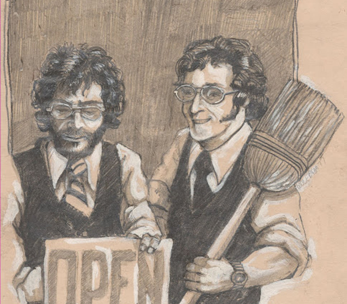 Two men with glasses, one holding a broom and a sign with letters, on a brown background.