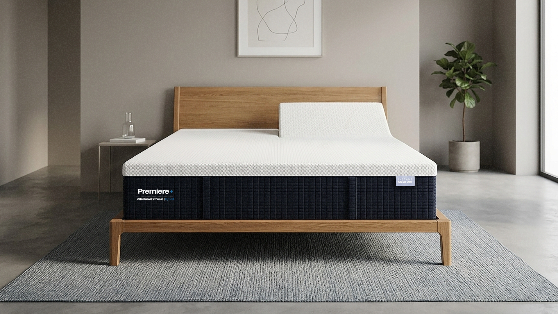 Bed with a mattress on a wooden bed frame in a modern bedroom setting.