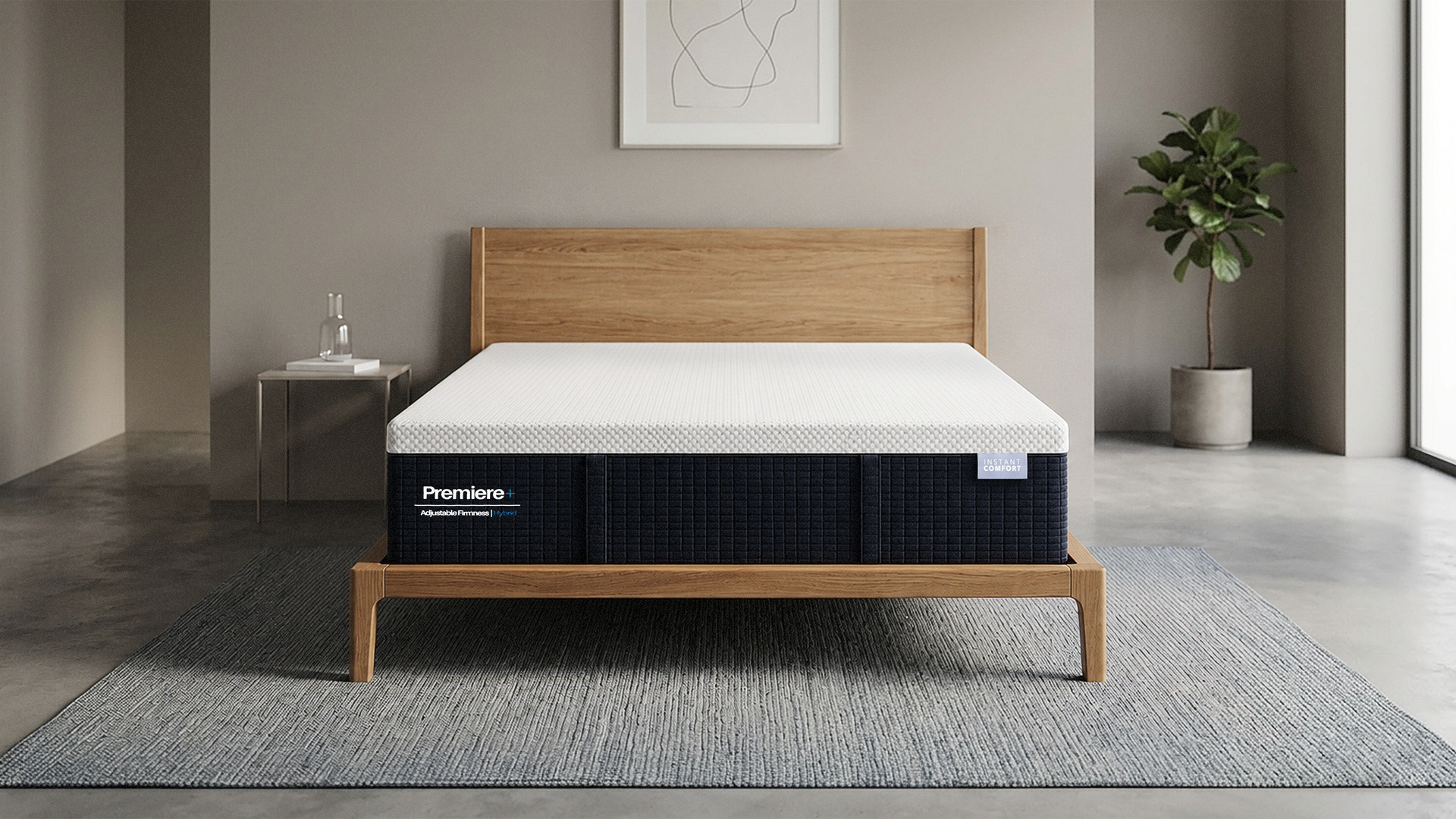 Premier mattress on a wooden bed frame in a modern room setting.