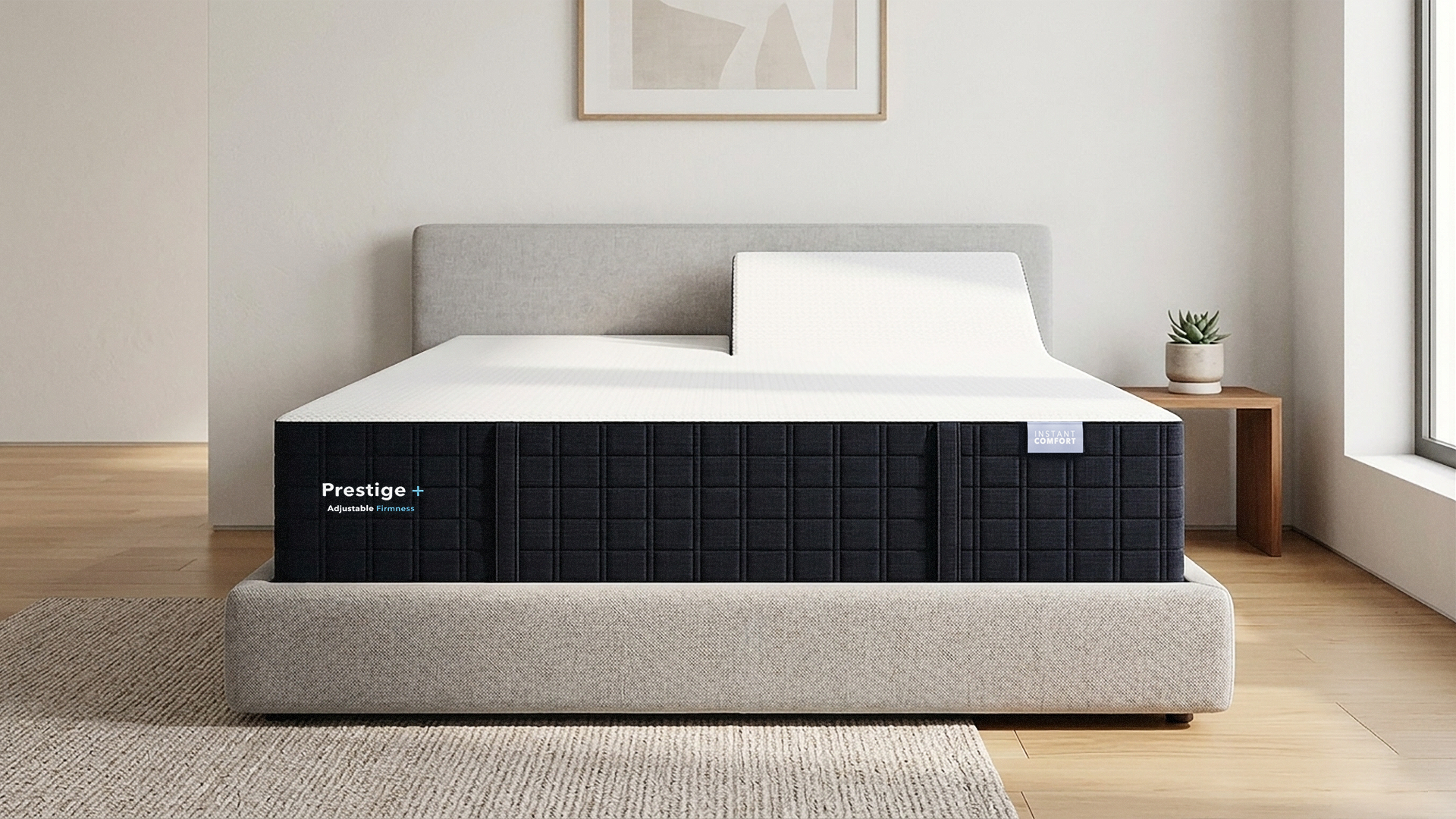 Prestige mattress on a bed in a room with a window and plant