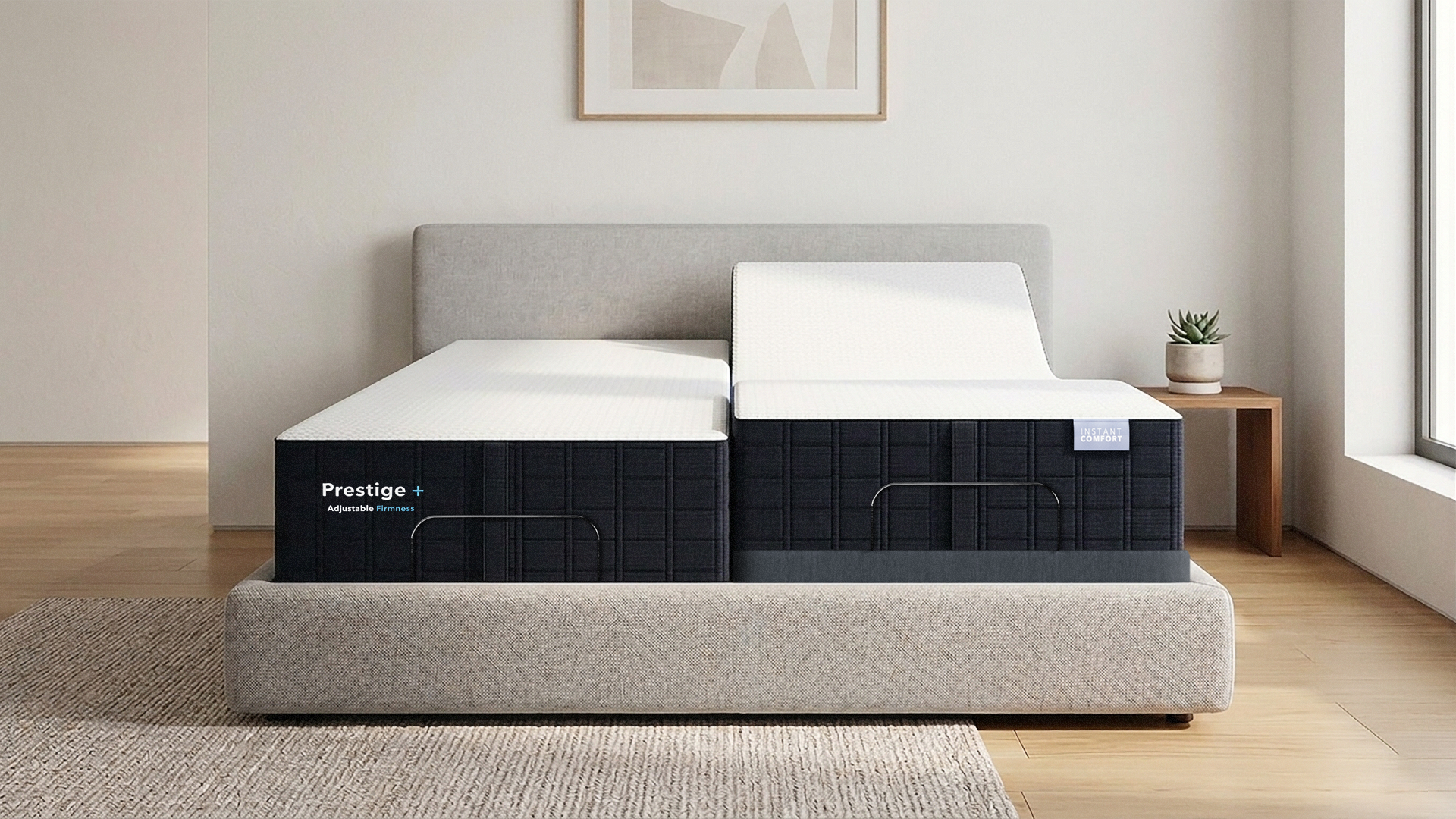 Prestige mattress on a bed in a room with a window and plant
