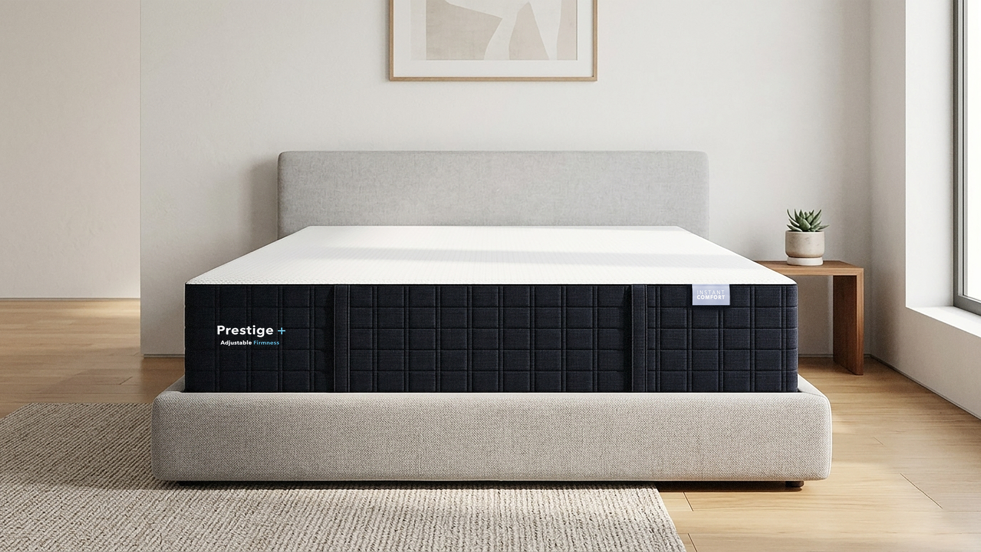 Prestige mattress on a bed frame in a room with a window and plant.