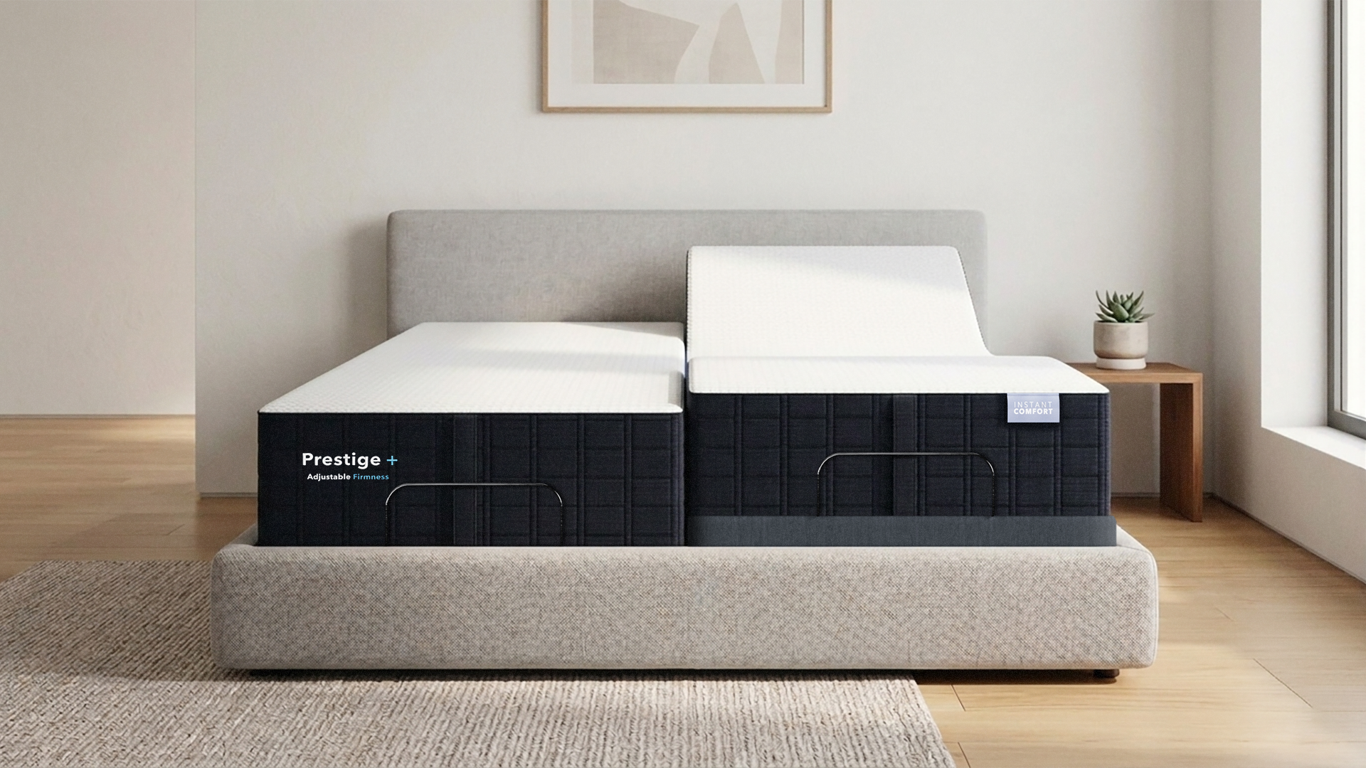 Prestige mattress on a bed in a room with a window and plant