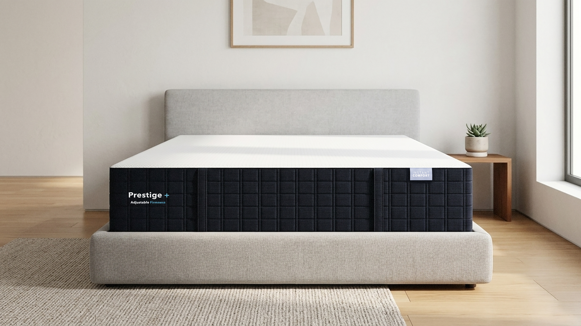 Prestige mattress on a bed frame in a room with a window and plant.