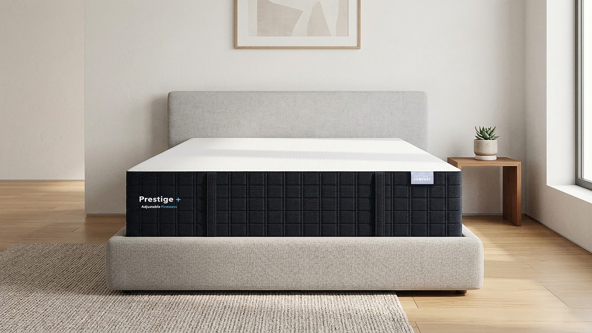 Mattress on a bed frame with 'Prestige' branding in a room setting.