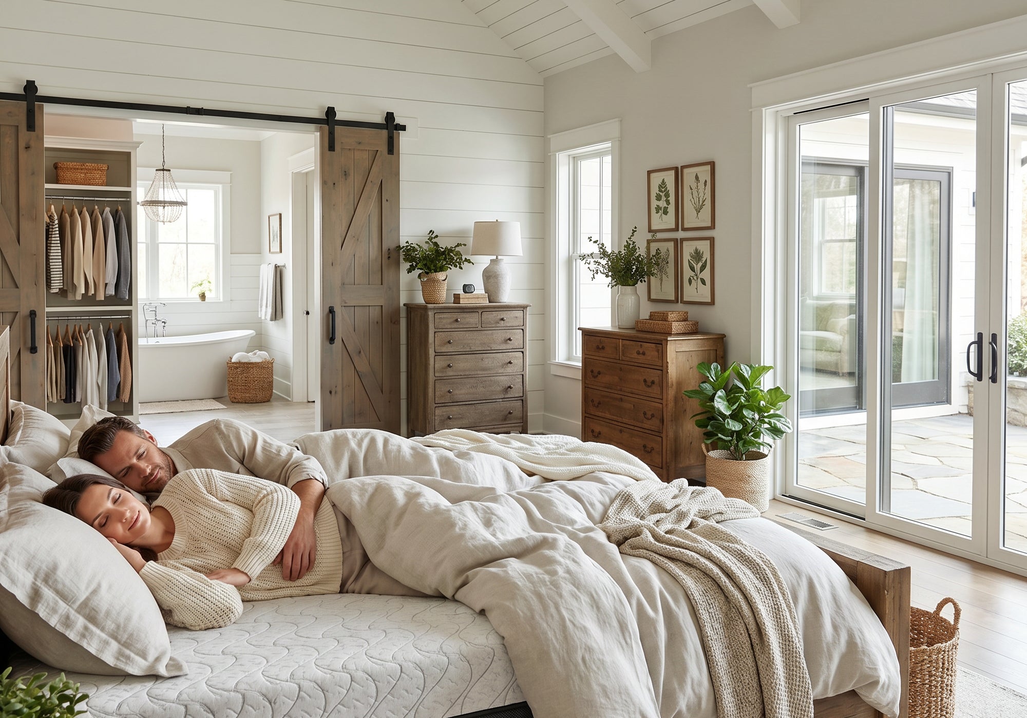 Couple lying in bed in a cozy bedroom with large windows and wooden furniture.