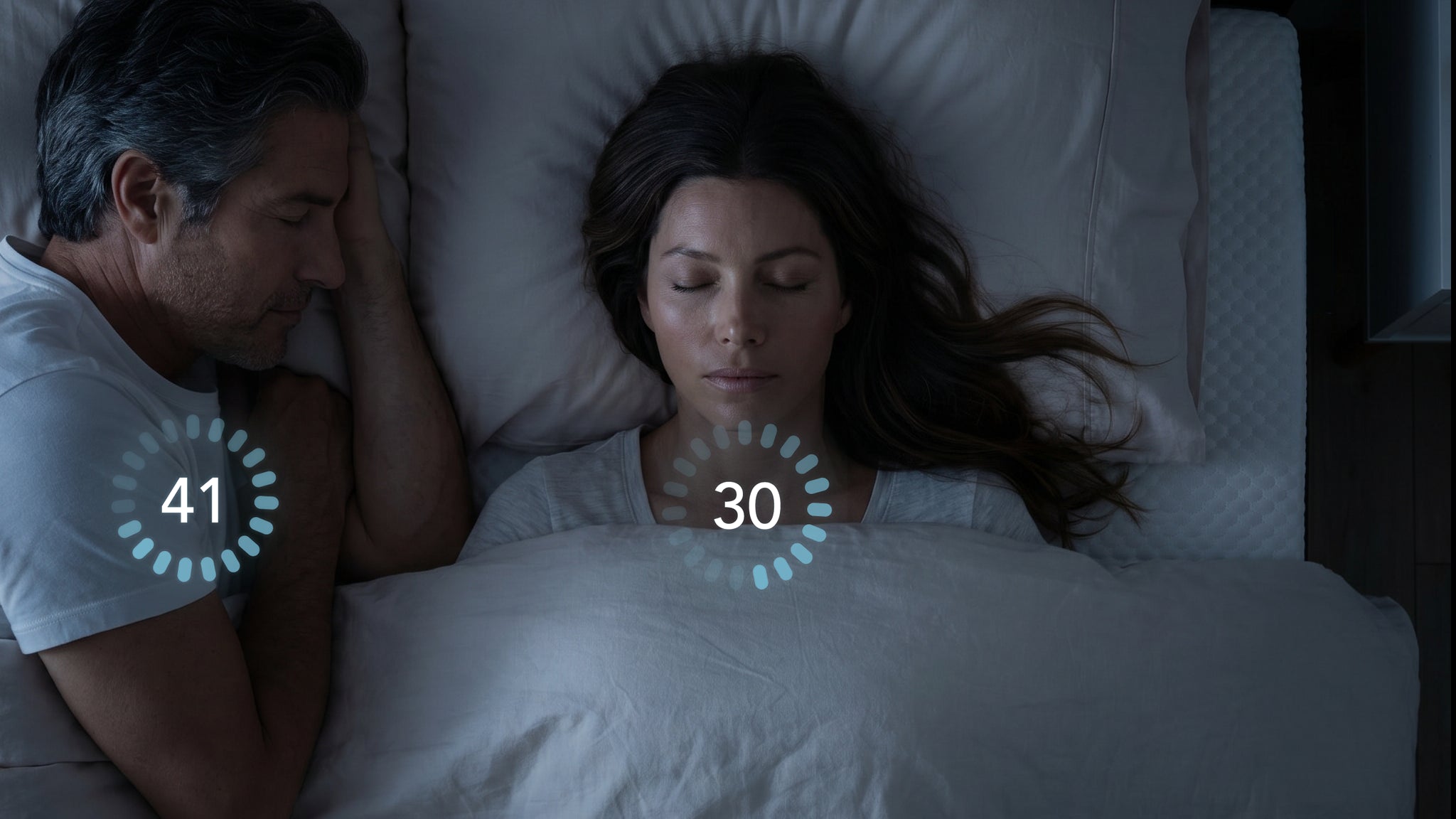 Man and woman lying in bed with sleep tracking numbers displayed