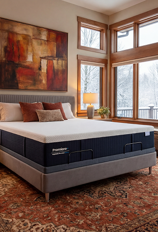 Gray mattress with 'Premier' branding in a room with large windows and a painting on the wall.