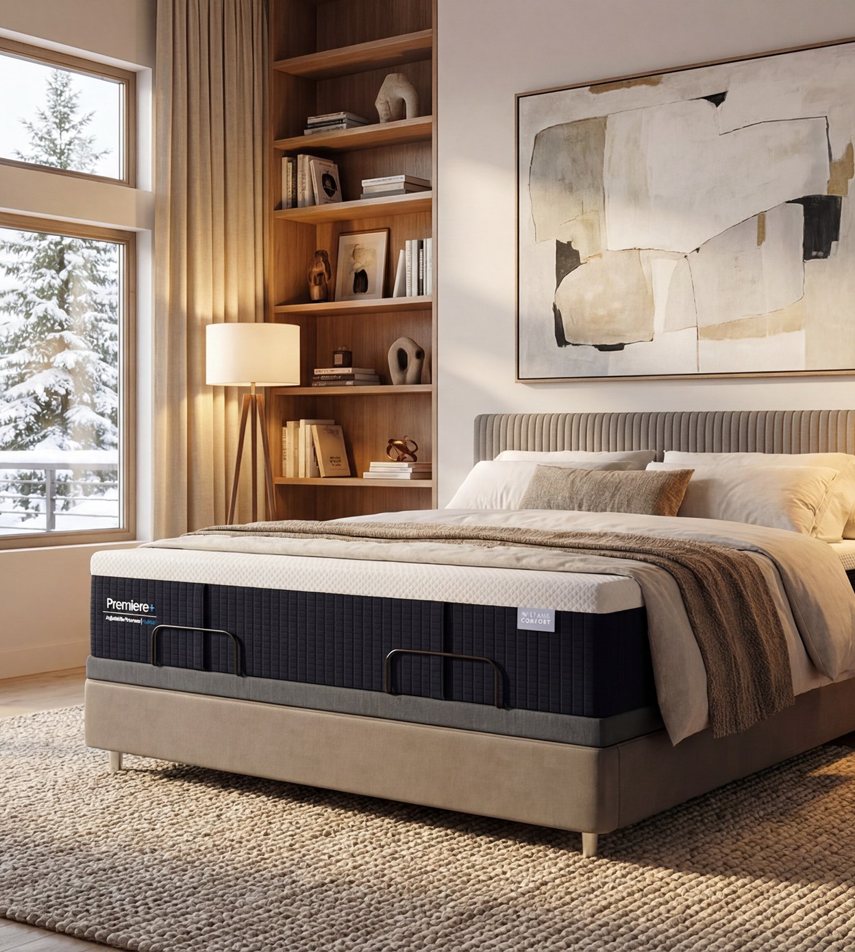 Bed with a mattress in a bedroom setting, featuring a bookshelf and window.