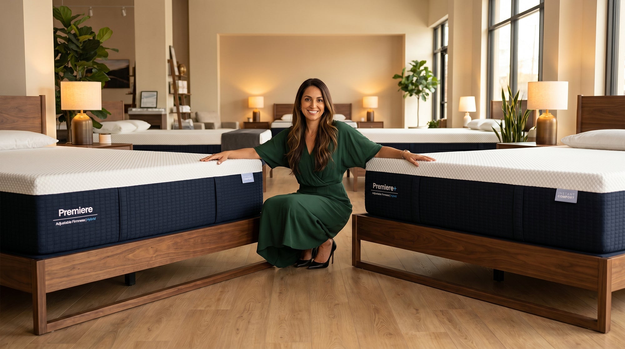 Woman relaxing in a luxury showroom setting showcasing Instant Comfort premium beds