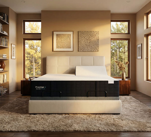 Prestige mattress in a bedroom setting with large windows and decorative elements.