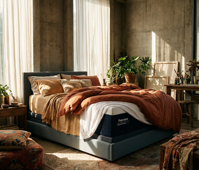 Bedroom with a bed featuring a brown comforter and pillows, surrounded by plants and decor.