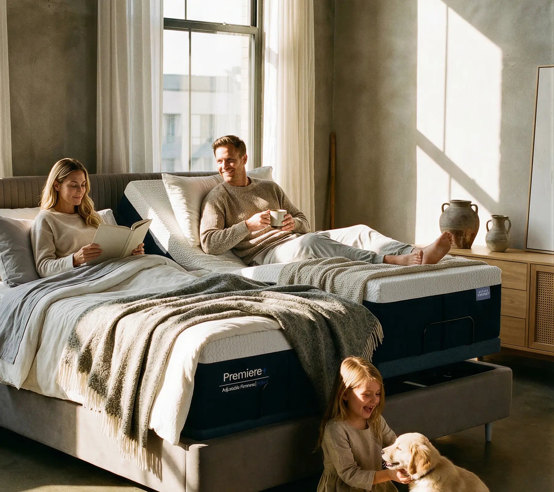 Family in a bedroom with 'Premier' mattress, woman reading, man holding a mug, child playing with a dog.