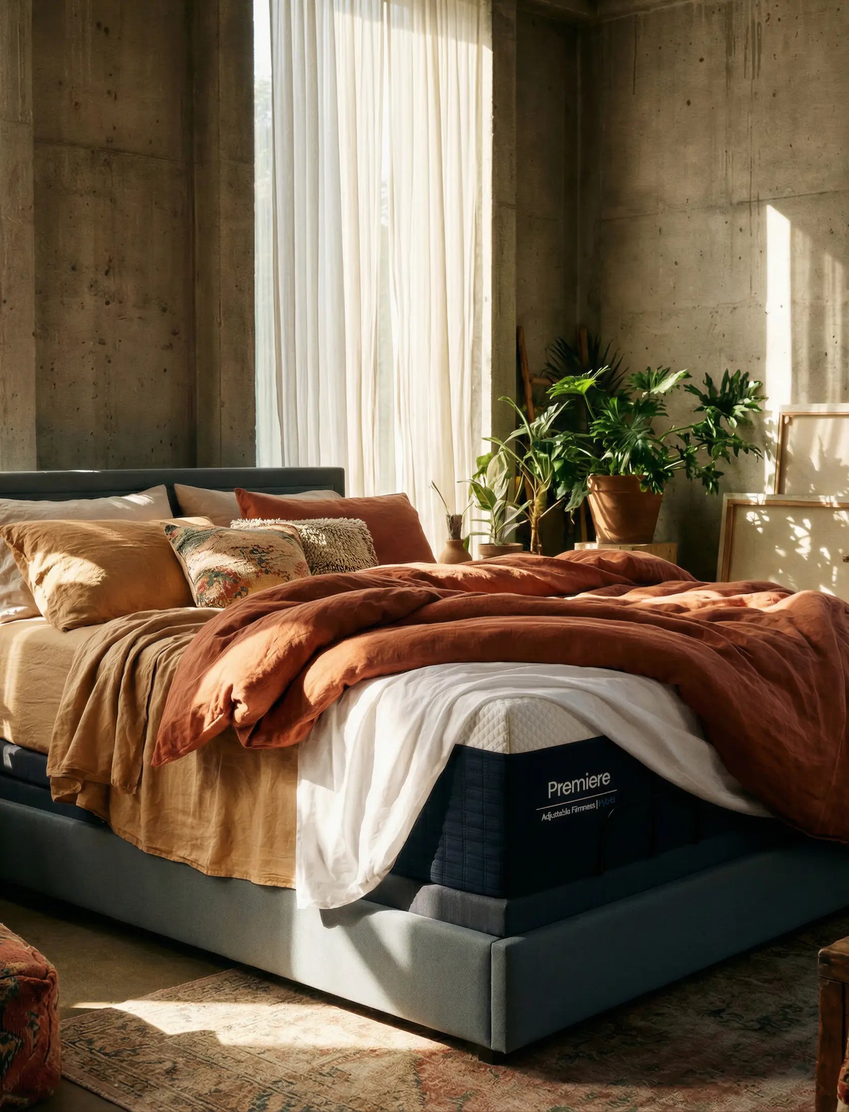 Bed with brown bedding and pillows in a room with concrete walls and plants.