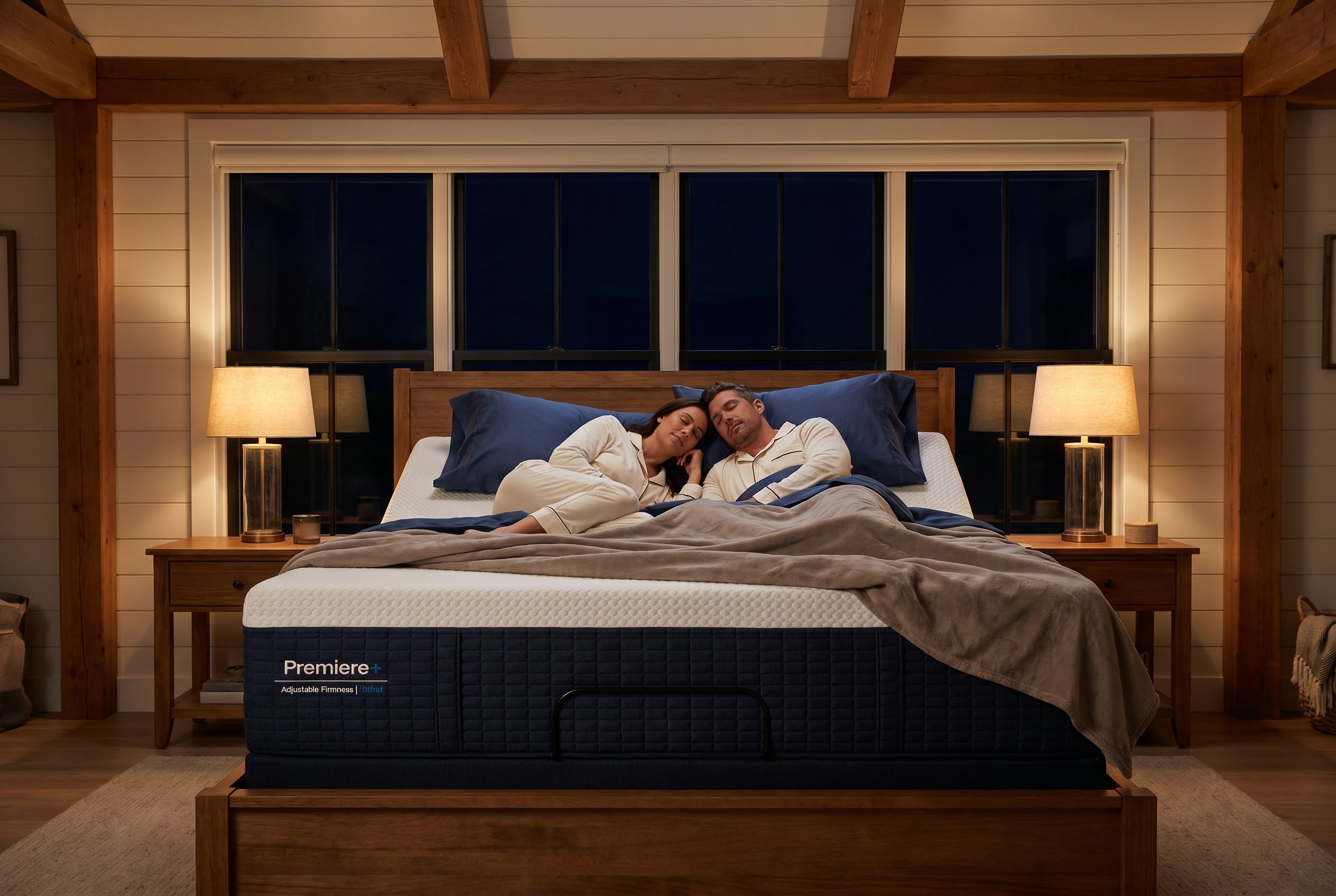 Man and woman lying on a bed with a 'Premier' mattress, in a bedroom setting.
