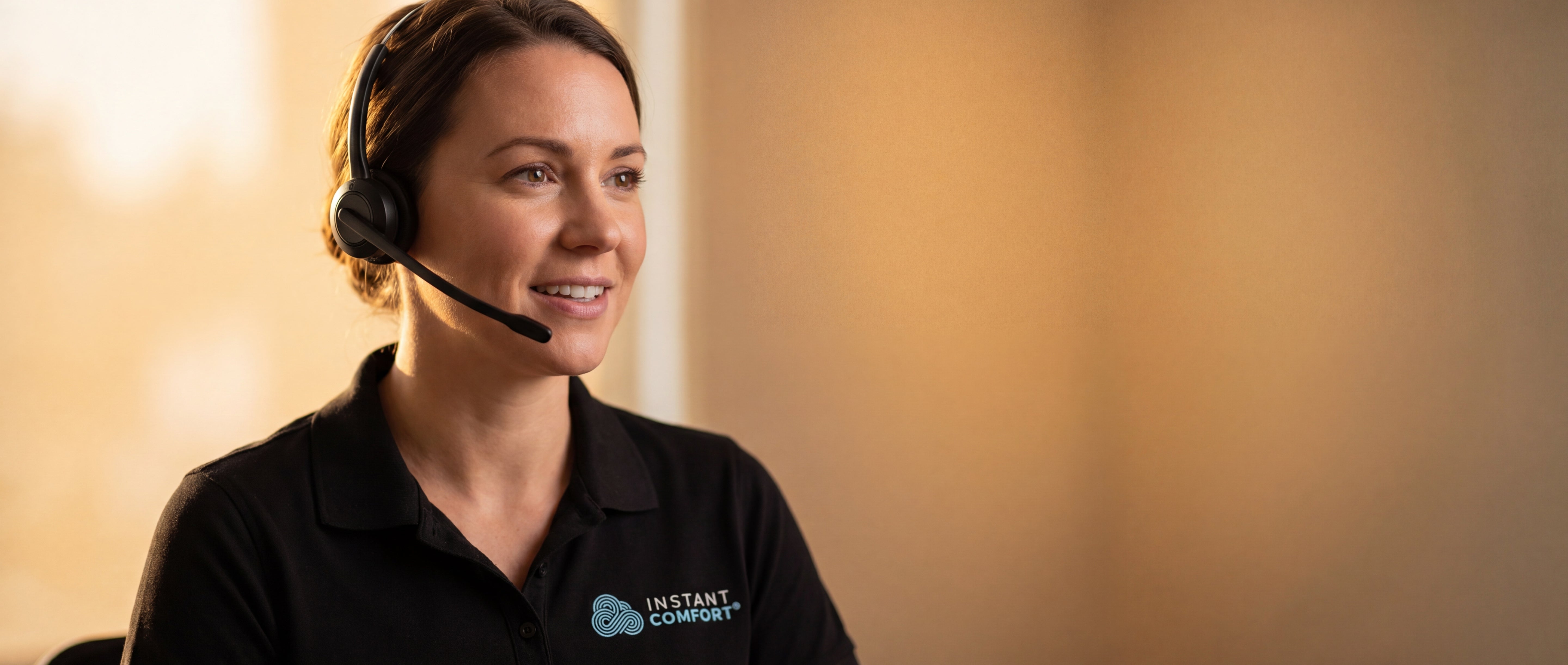 Person wearing a headset with 'Instant Connections' logo on a blurred background