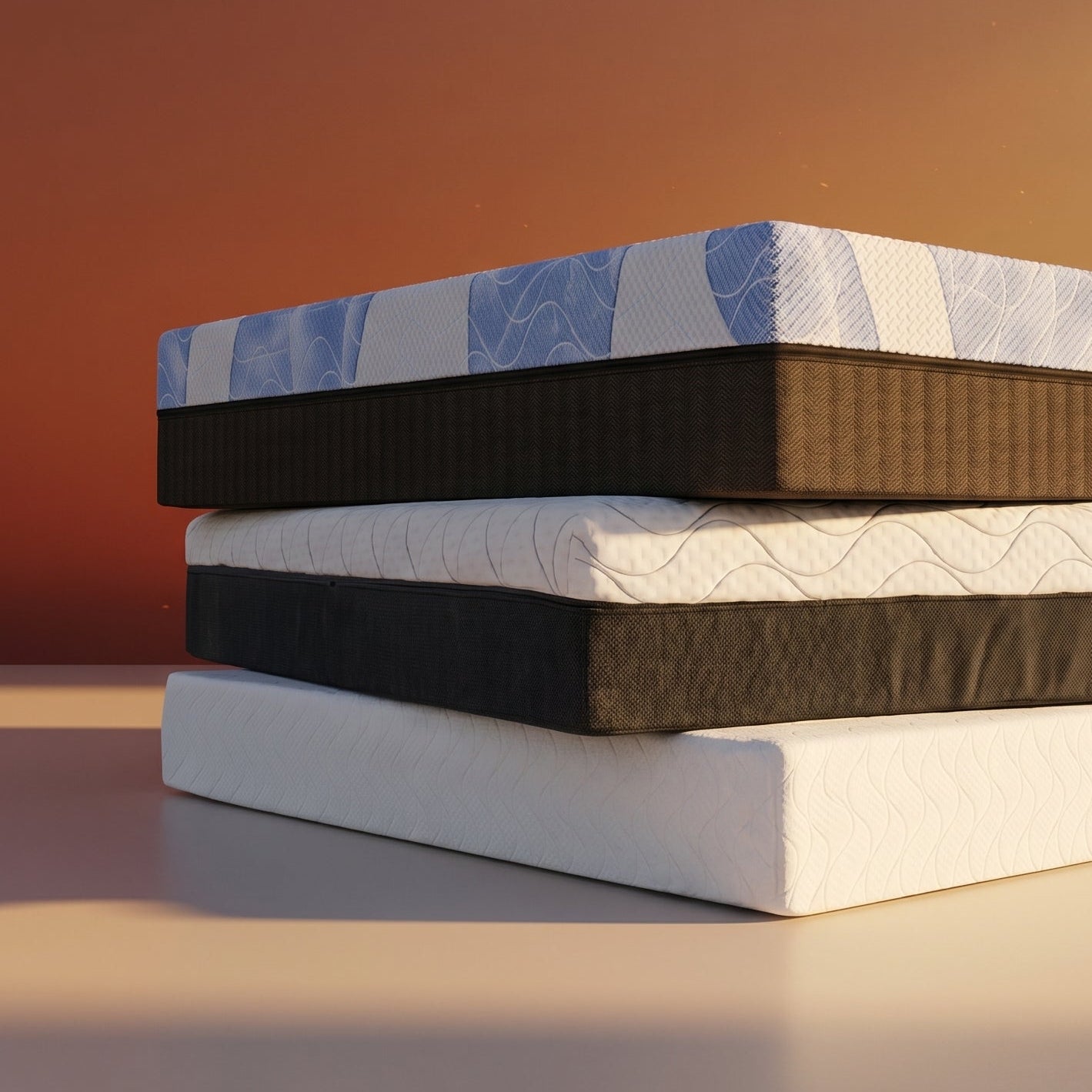 Stack of three mattresses with different color patterns on a gradient background