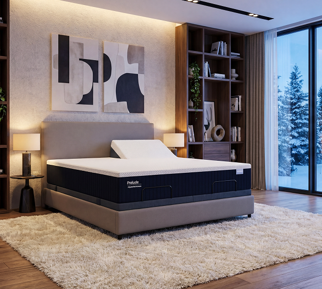 Bed with mattress in a modern bedroom setting