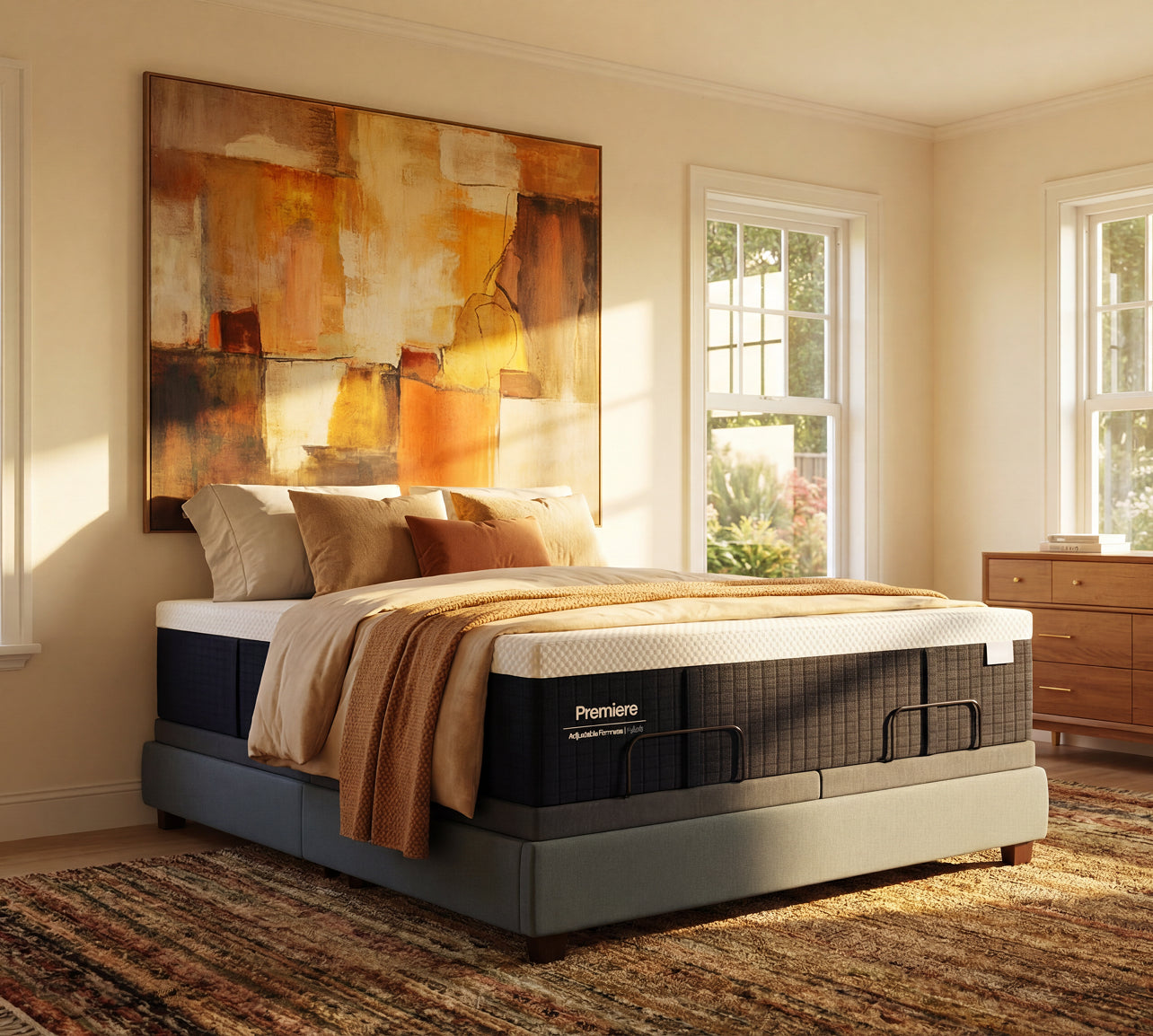 Bed with a mattress labeled 'Premier' in a bedroom setting with abstract art and window light.