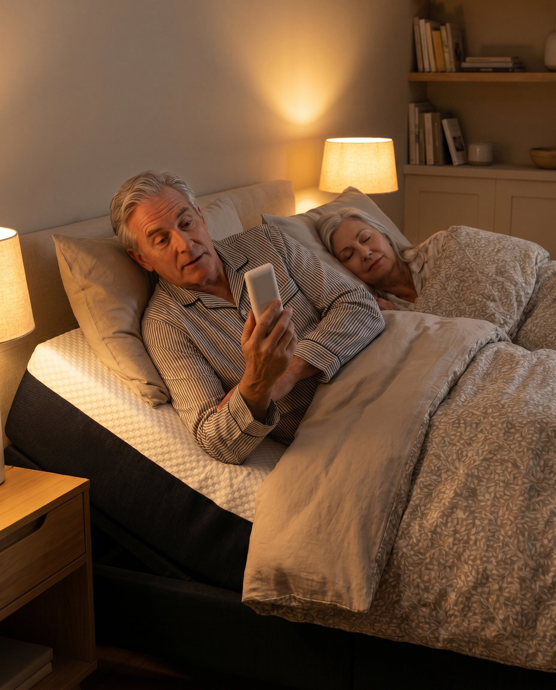 Man using a smartphone in bed with a woman, surrounded by soft lighting.