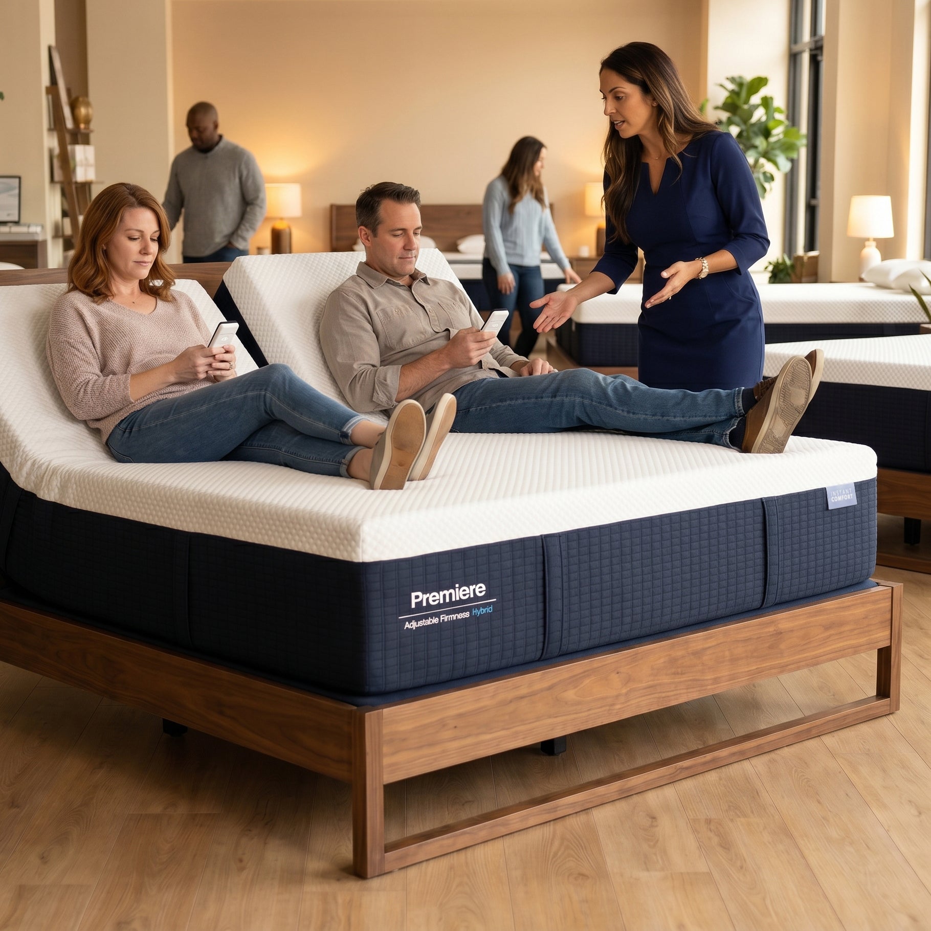 People trying out a mattress in a showroom with a salesperson assisting.